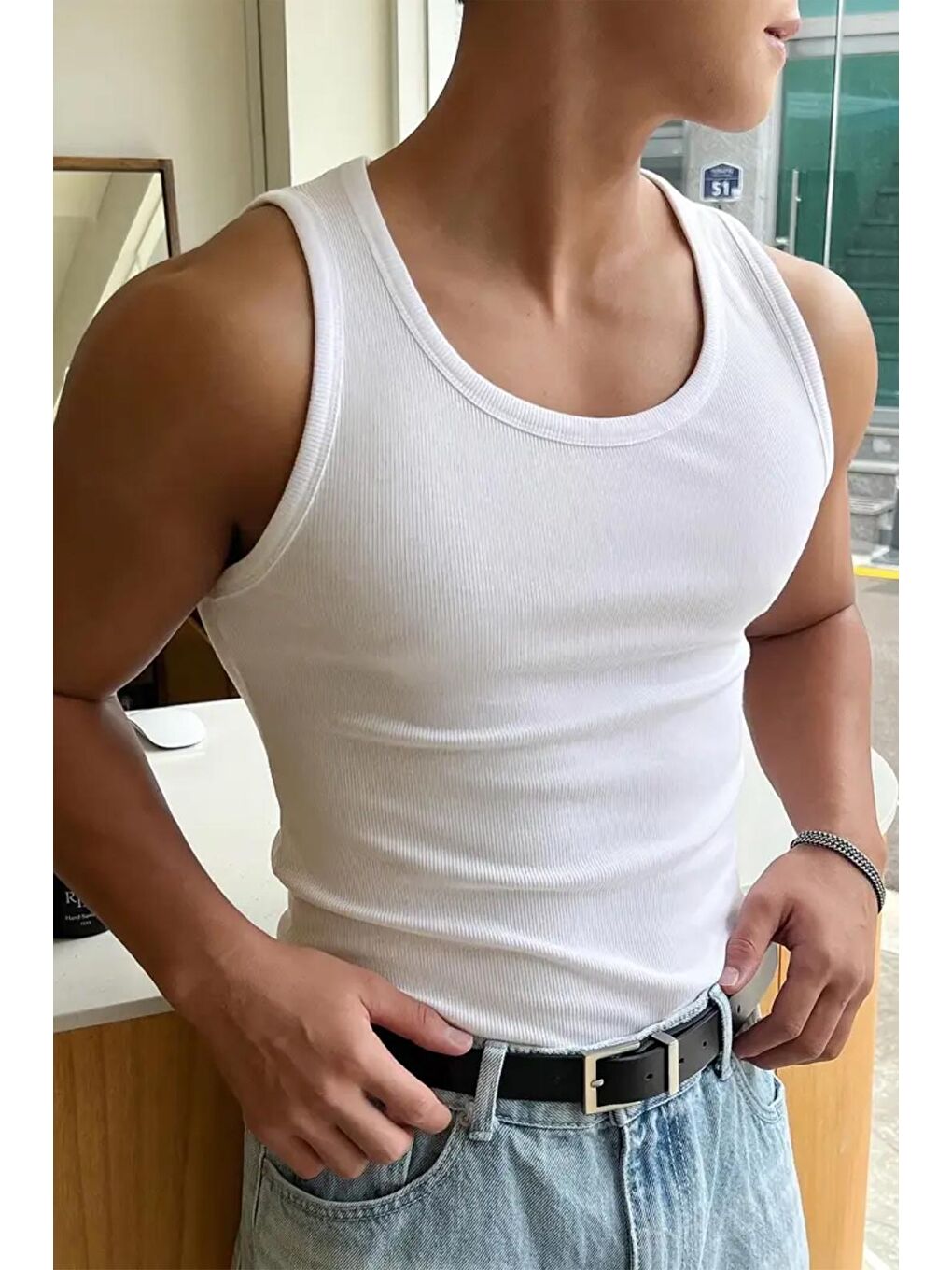 Beyaz Wove Paket Slim Fit Esnek Elastanlı Fitilli Nefes Alabilen Kolsuz Sporcu Atlet-1