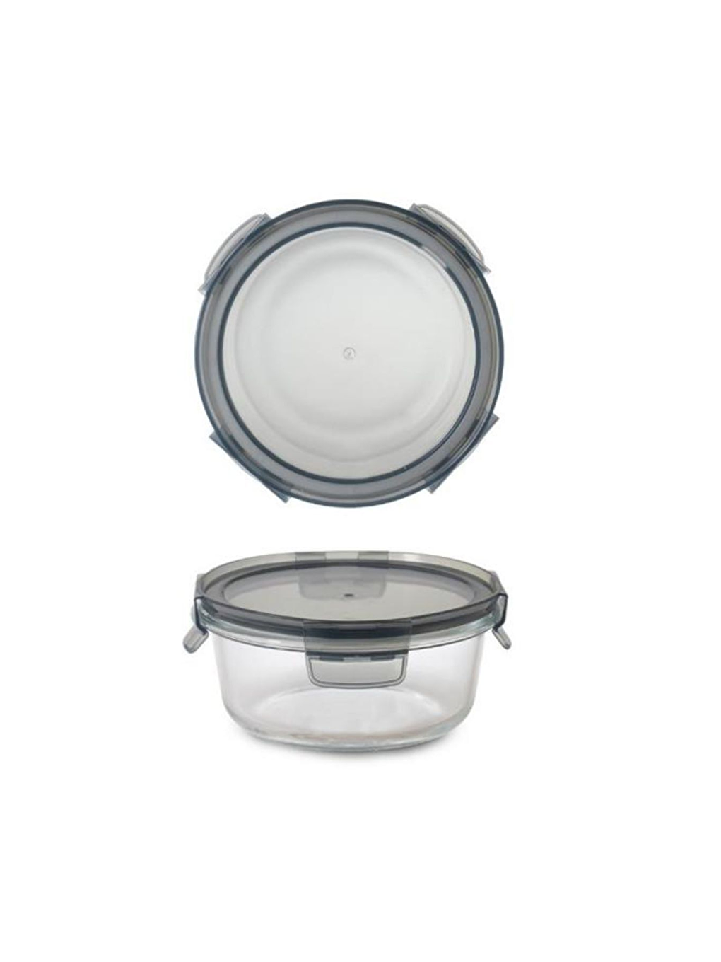 Renksiz Yuvarlak Cam Saklama Kabı 630 Ml, 4 Tarafından Kilitli Plastik Kapaklı