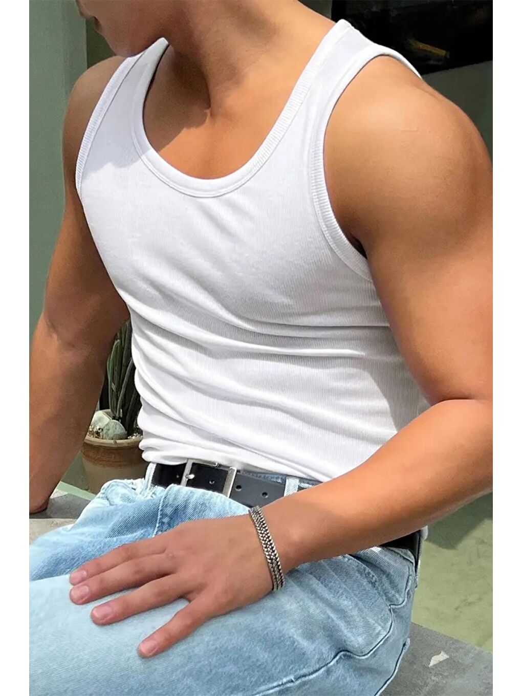 Beyaz Wove Paket Slim Fit Esnek Elastanlı Fitilli Nefes Alabilen Kolsuz Sporcu Atlet-2