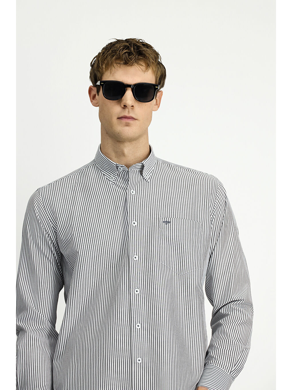 Antrasit Uzun Kol Regular Fit Çizgili Düğmeli Yaka Pamuklu Kolay Ütülenebilir Gömlek-1