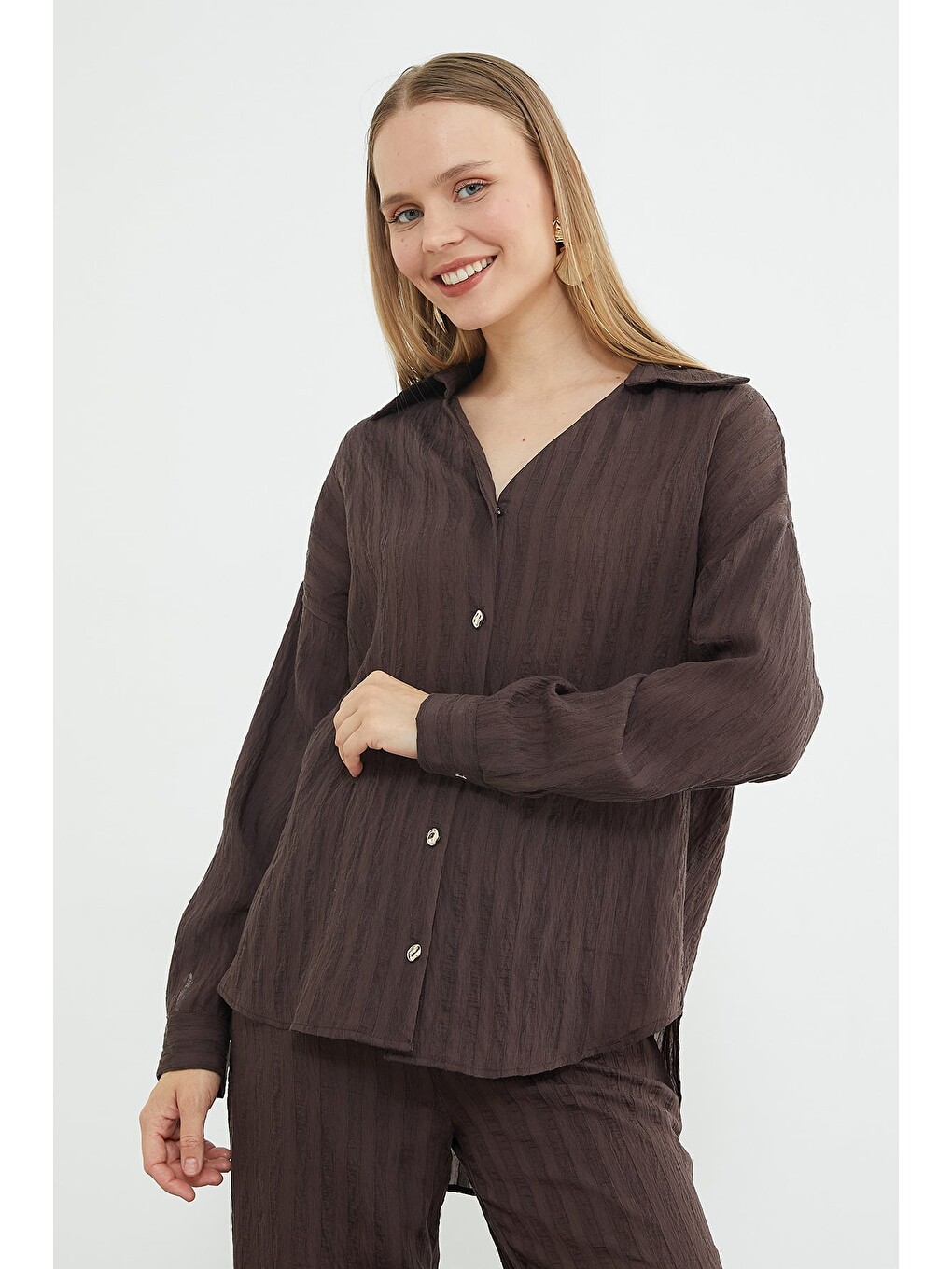 Kahverengi Şeritli Arkası Uzun Oversize 2 Li Takım-3