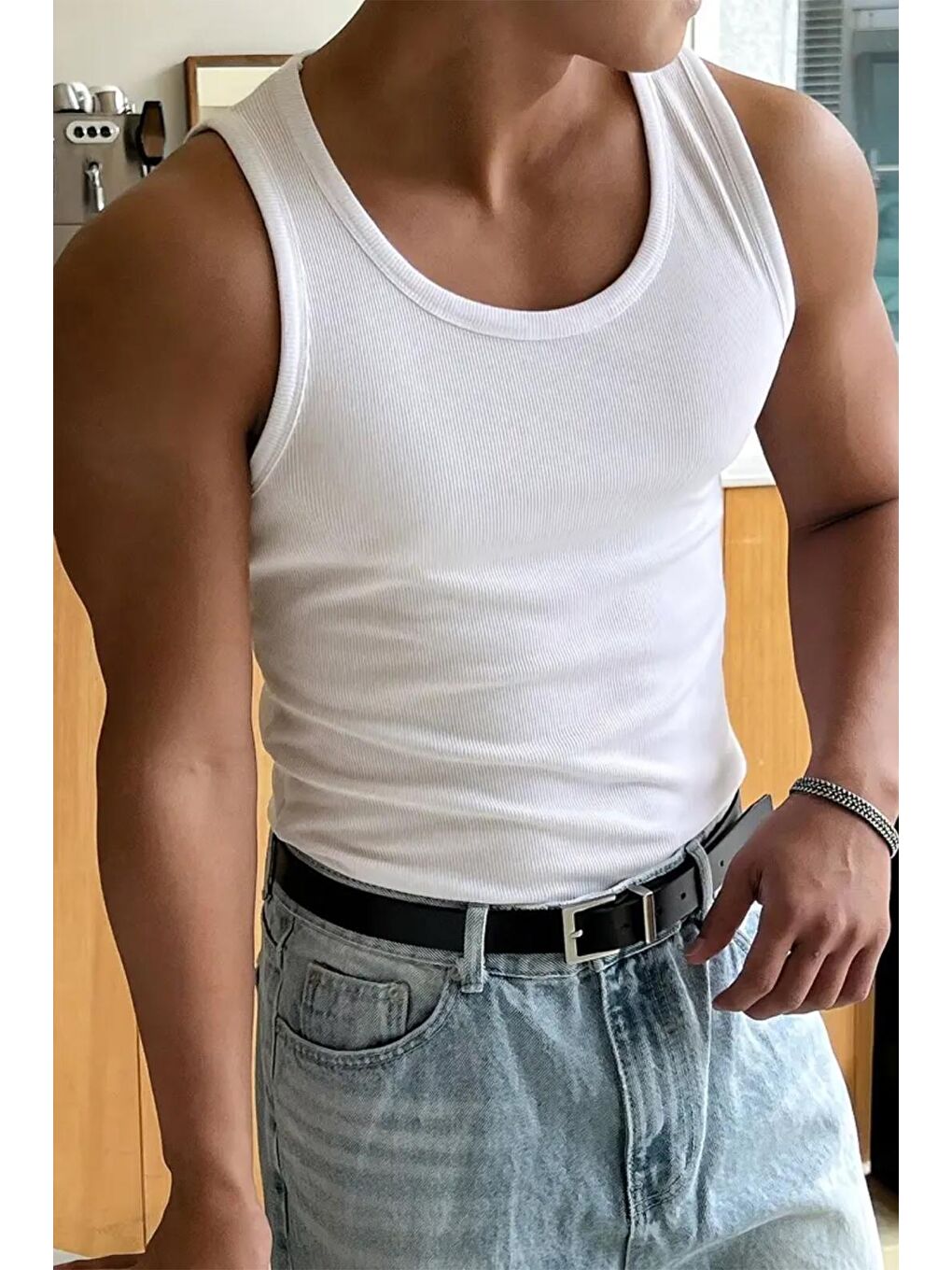 Beyaz Wove Paket Slim Fit Esnek Elastanlı Fitilli Nefes Alabilen Kolsuz Sporcu Atlet-4