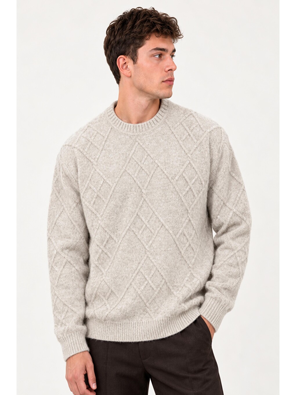 Bej Çapraz Desen Oversize Kışlık Kazak Dp 17567_10066-1