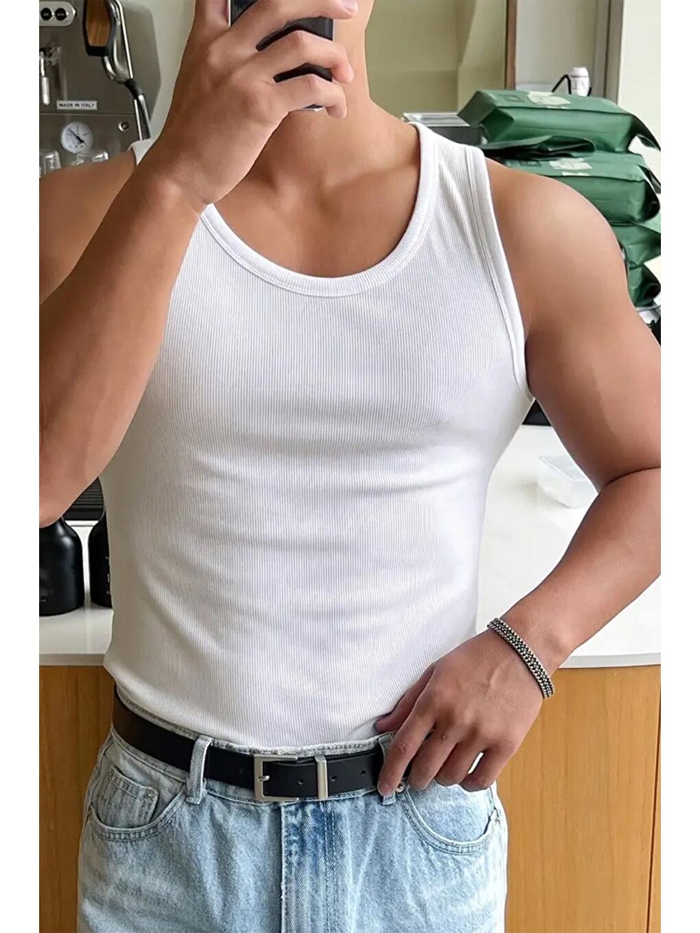 Beyaz Wove Paket Slim Fit Esnek Elastanlı Fitilli Nefes Alabilen Kolsuz Sporcu Atlet-5