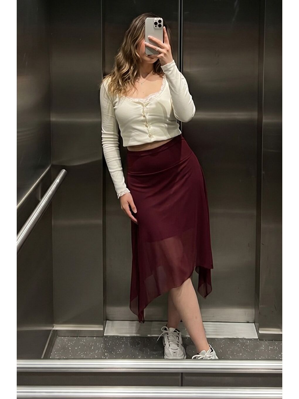 Bordo Şifon Asimetrik Kesim Midi Etek Mg2777