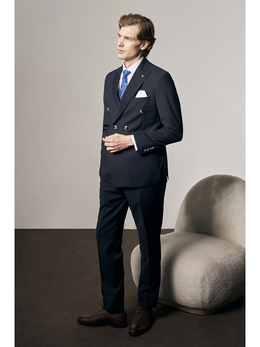 Koyu Lacivert 6 Drop Kılıç Yaka Slim Fit Classic Takım Elbise 1001255125-2