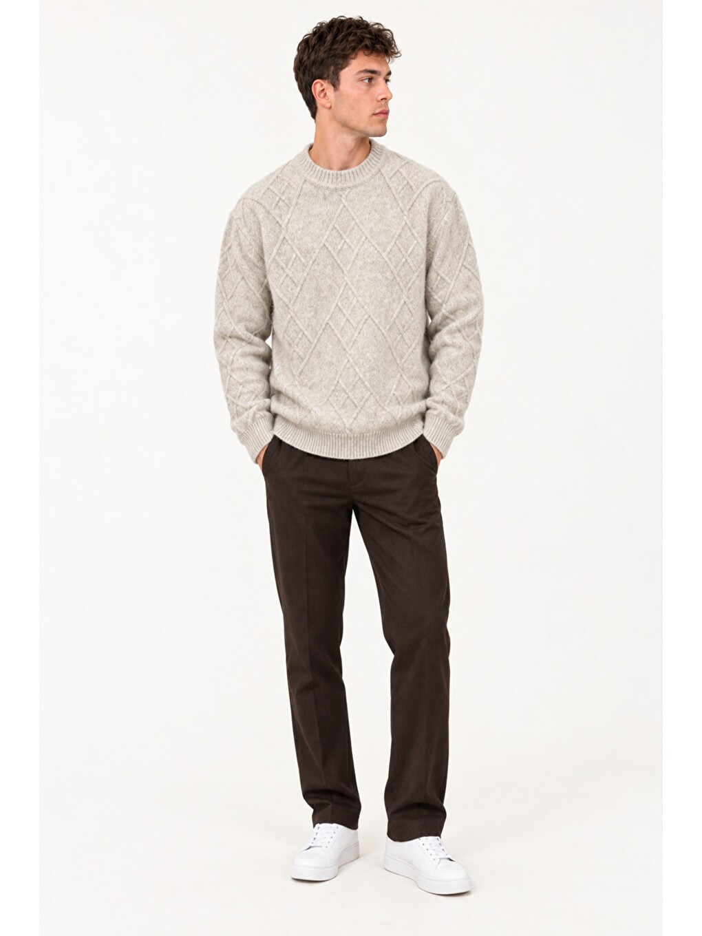 Bej Çapraz Desen Oversize Kışlık Kazak Dp 17567_10066-2