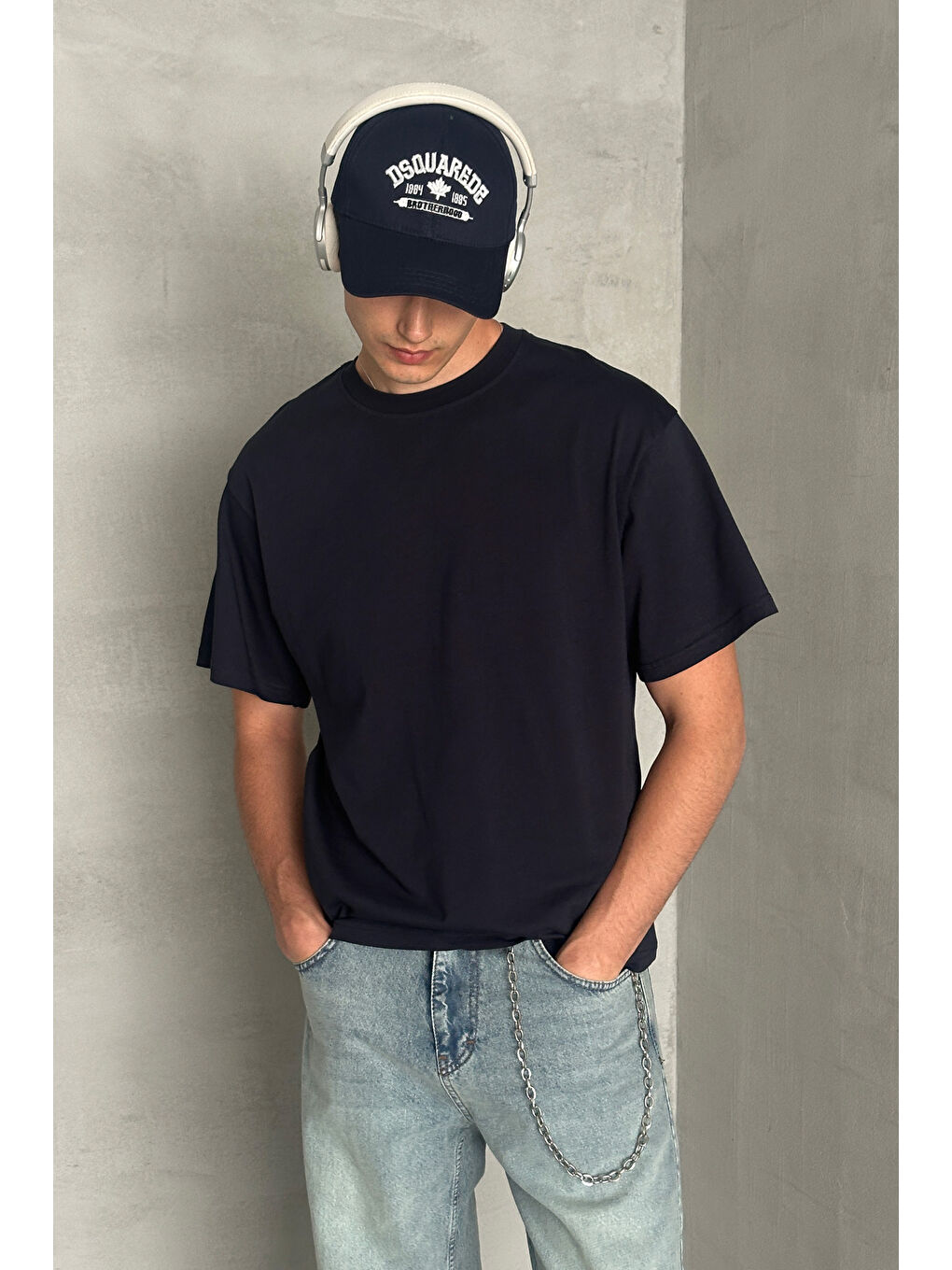 Lacivert Erkek %100 Pamuk Oversize Basic T-shirt-2