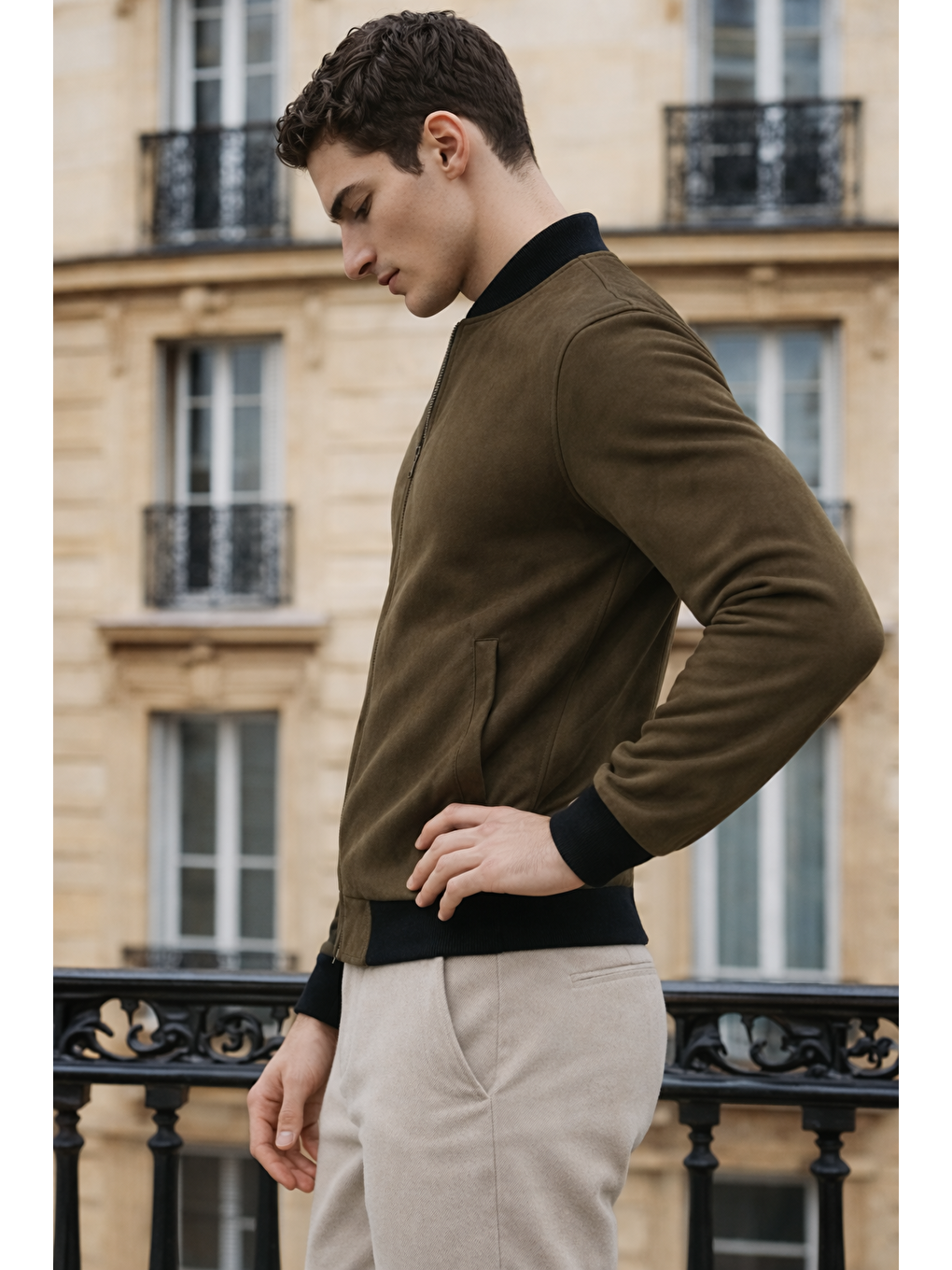 Erkek Trend Dar Astarsız Nubuk Süet Haki Ceket-4