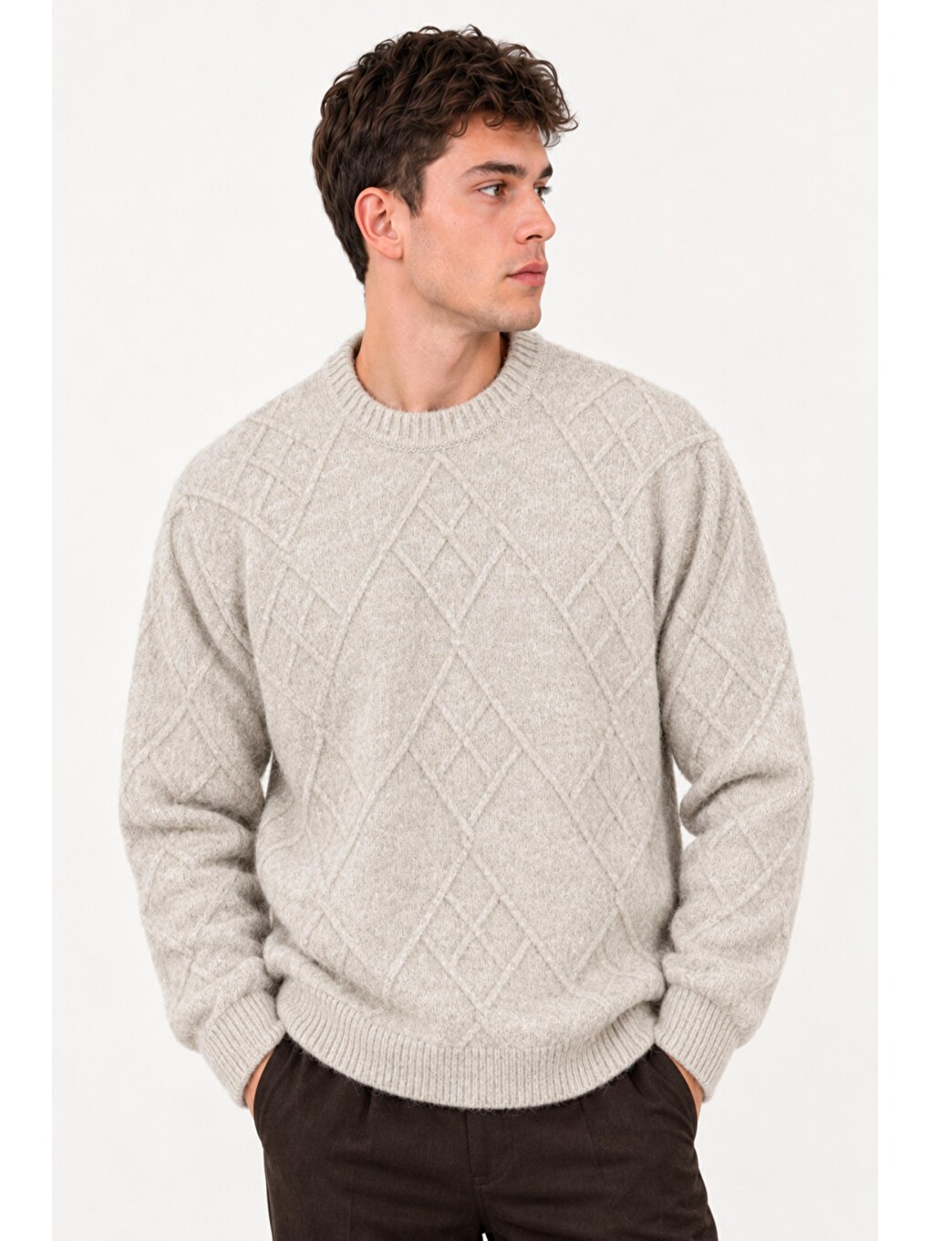 Bej Çapraz Desen Oversize Kışlık Kazak Dp 17567_10066-3