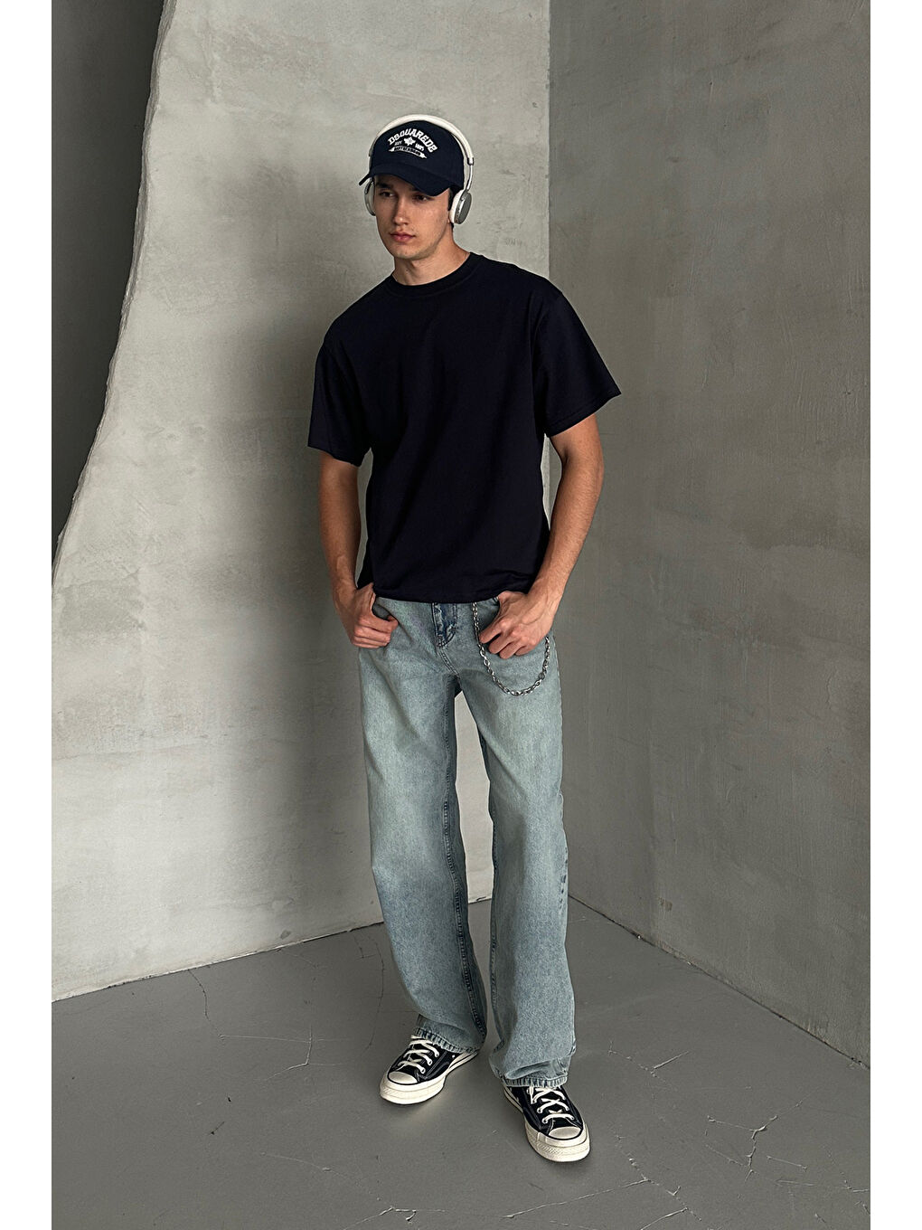 Lacivert Erkek %100 Pamuk Oversize Basic T-shirt-3