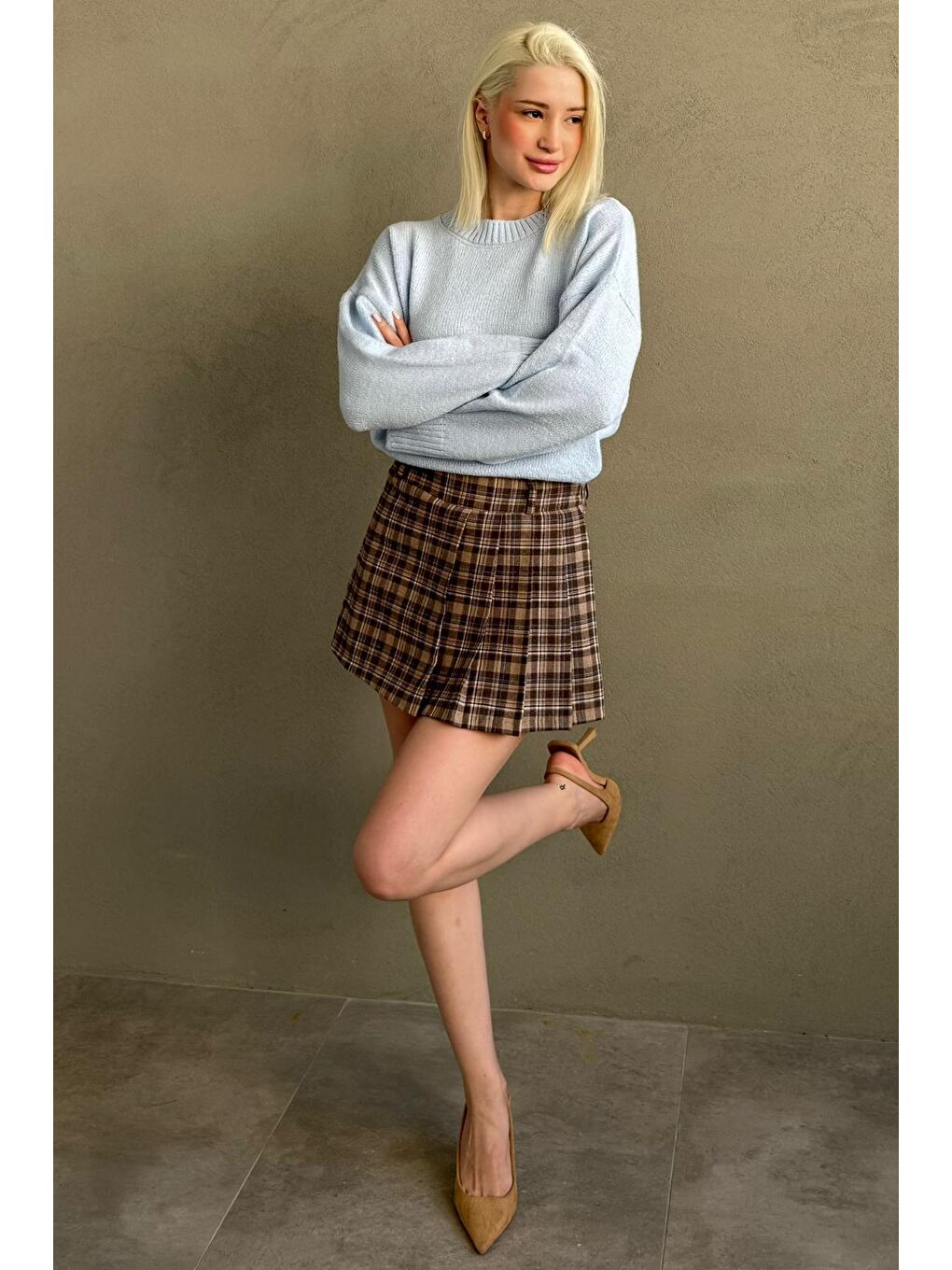 Bej Camel %100 Pamuklu Ekose Desen Pileli Mini Şort Etek Mg2629