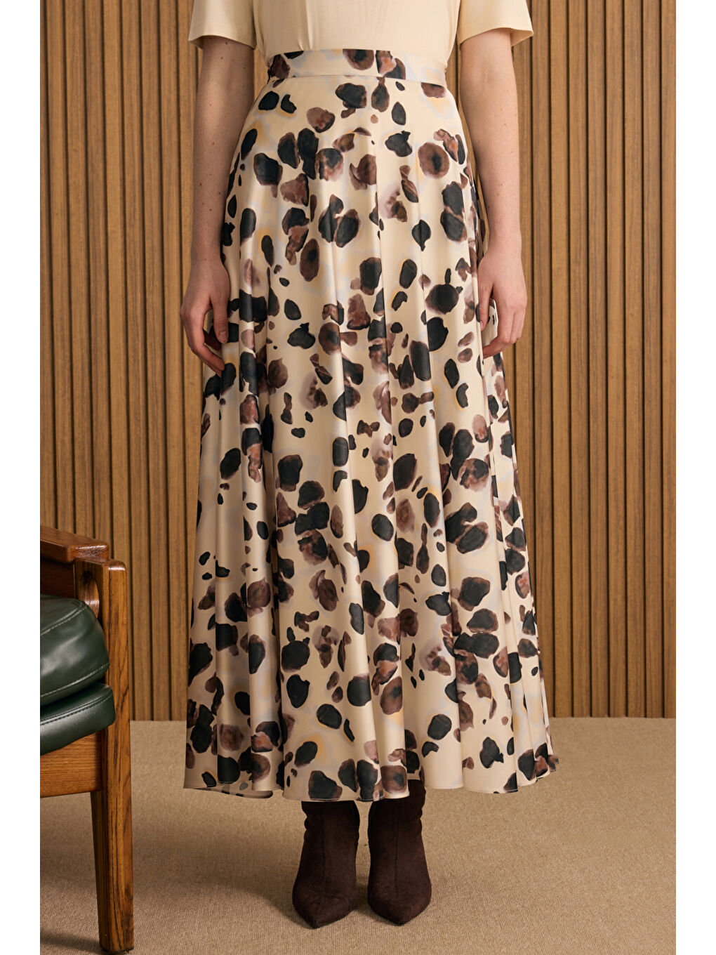 Bej Desenli Kloş Etek-1