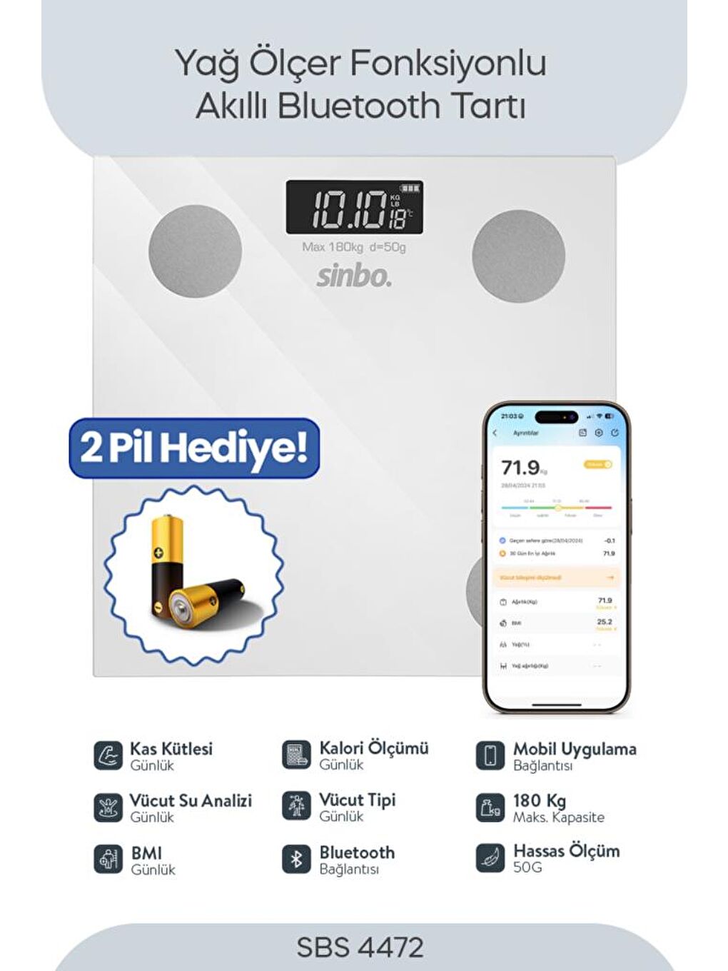 Beyaz SBS- Bluetooth Dijital Yağ Su Kas Vücut Kitle Endeksi Kilo Ölçer Tartı Baskül