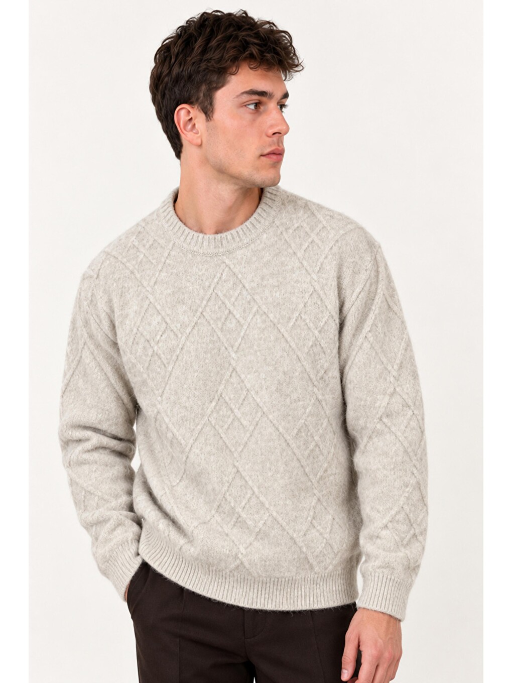Bej Çapraz Desen Oversize Kışlık Kazak Dp 17567_10066-4