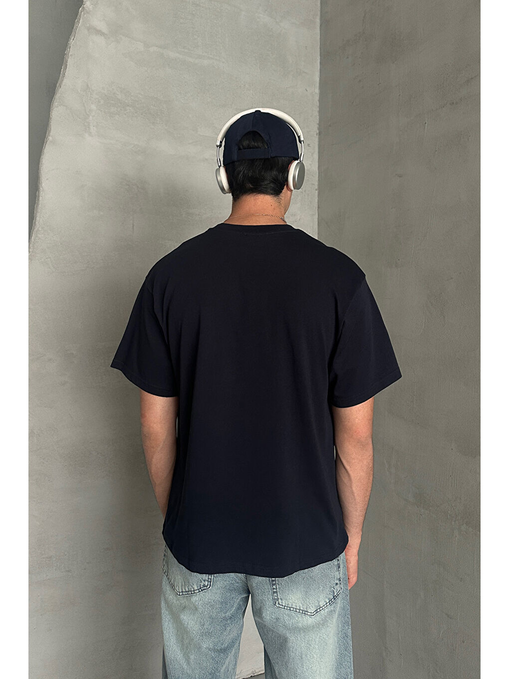 Lacivert Erkek %100 Pamuk Oversize Basic T-shirt-4