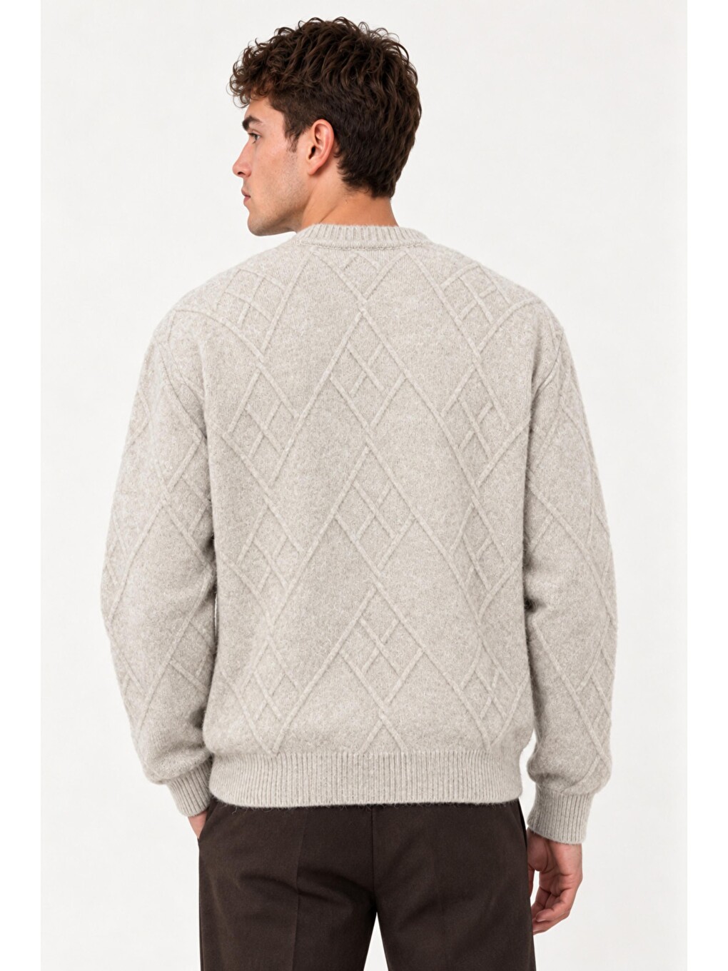 Bej Çapraz Desen Oversize Kışlık Kazak Dp 17567_10066-5