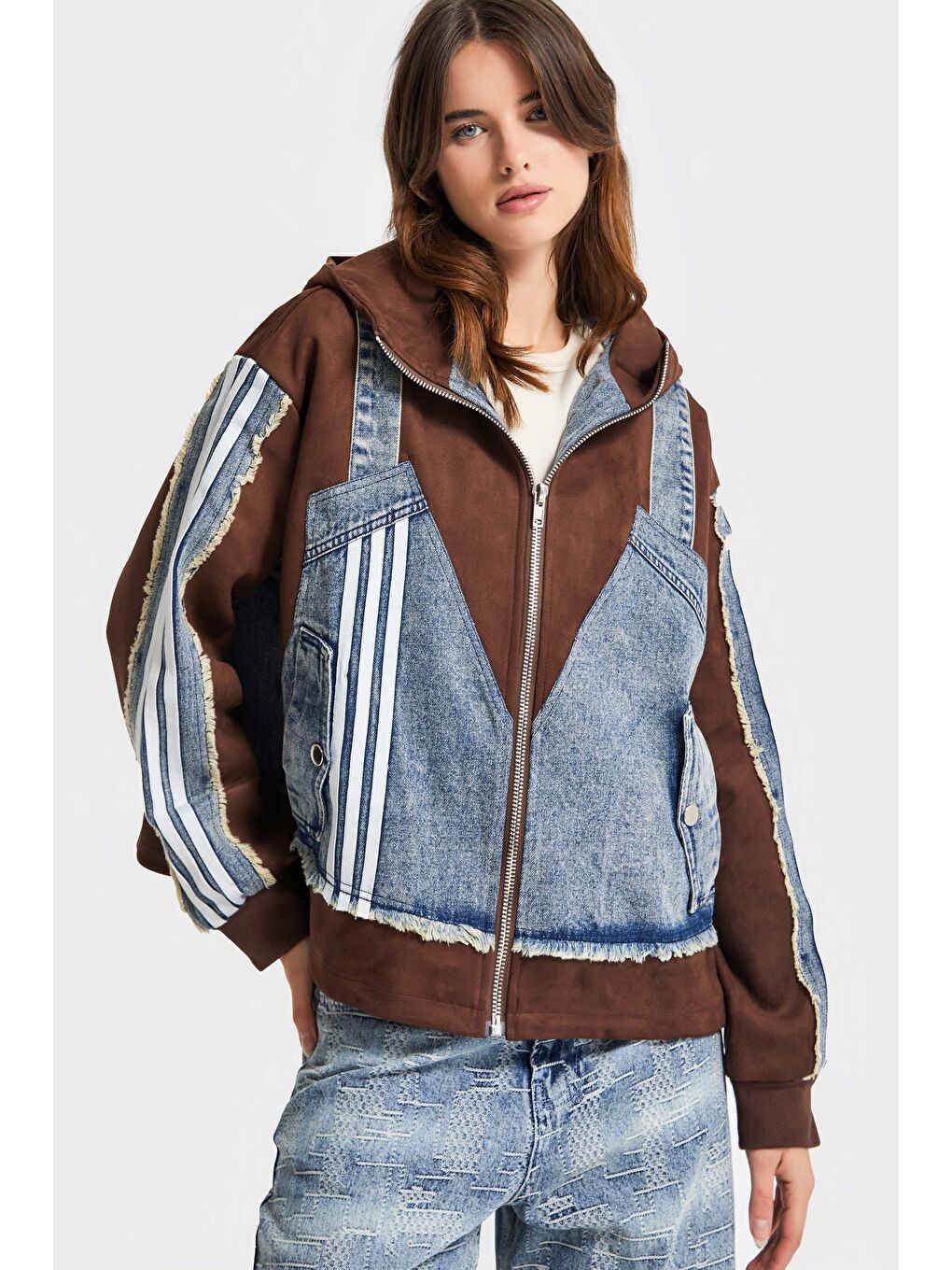 Kahverengi Kadın Kahve Jean Rengi Çift Parça Şerit Detaylı Özel Tasarım Denim Ceket