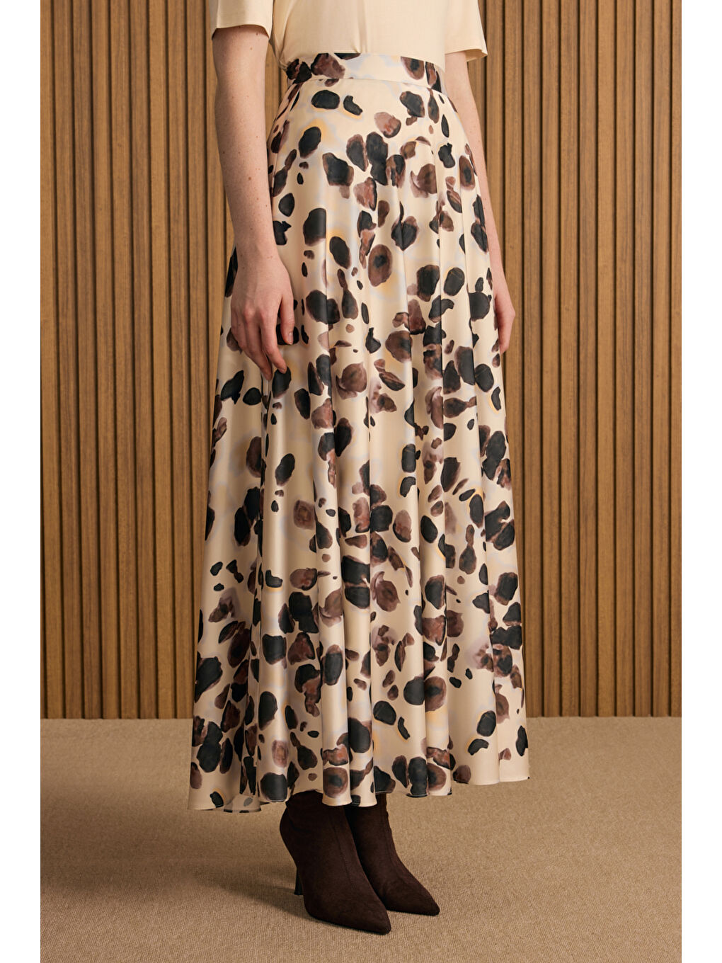 Bej Desenli Kloş Etek-2