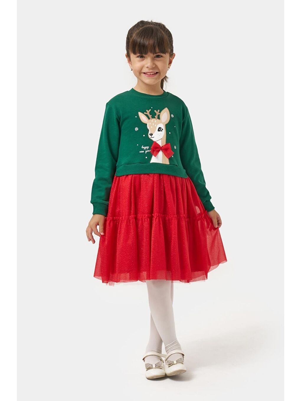 Kız Çocuk Pamuklu Yeşil Geyik Desenli Sweatshirt Ve Kırmızı Tül Etek Takımı - Yılbaşı Konseptli-1