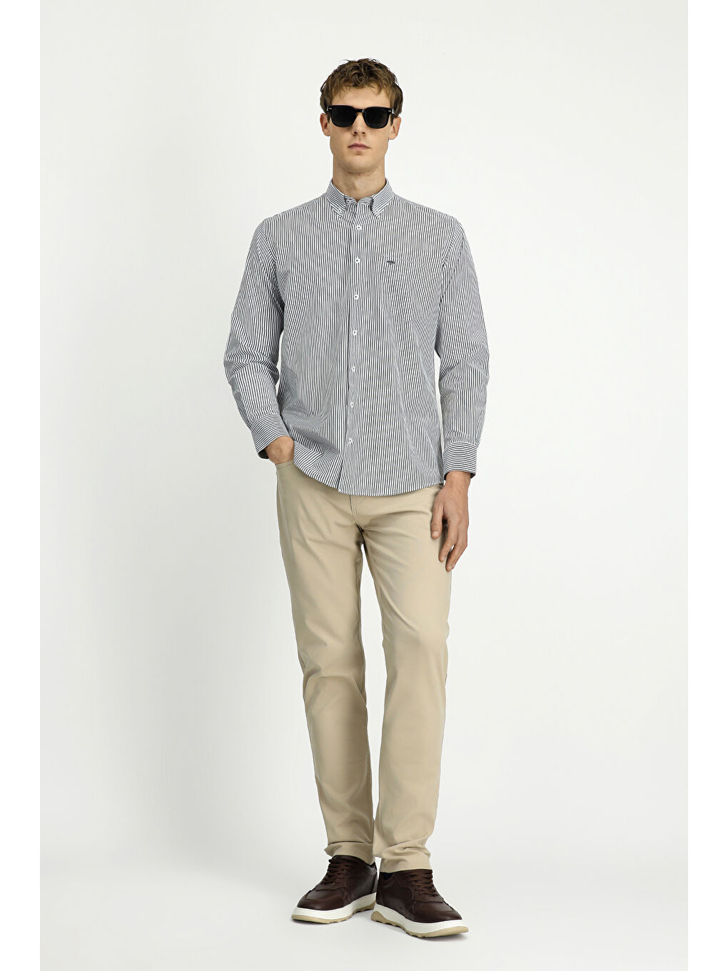 Antrasit Uzun Kol Regular Fit Çizgili Düğmeli Yaka Pamuklu Kolay Ütülenebilir Gömlek-3