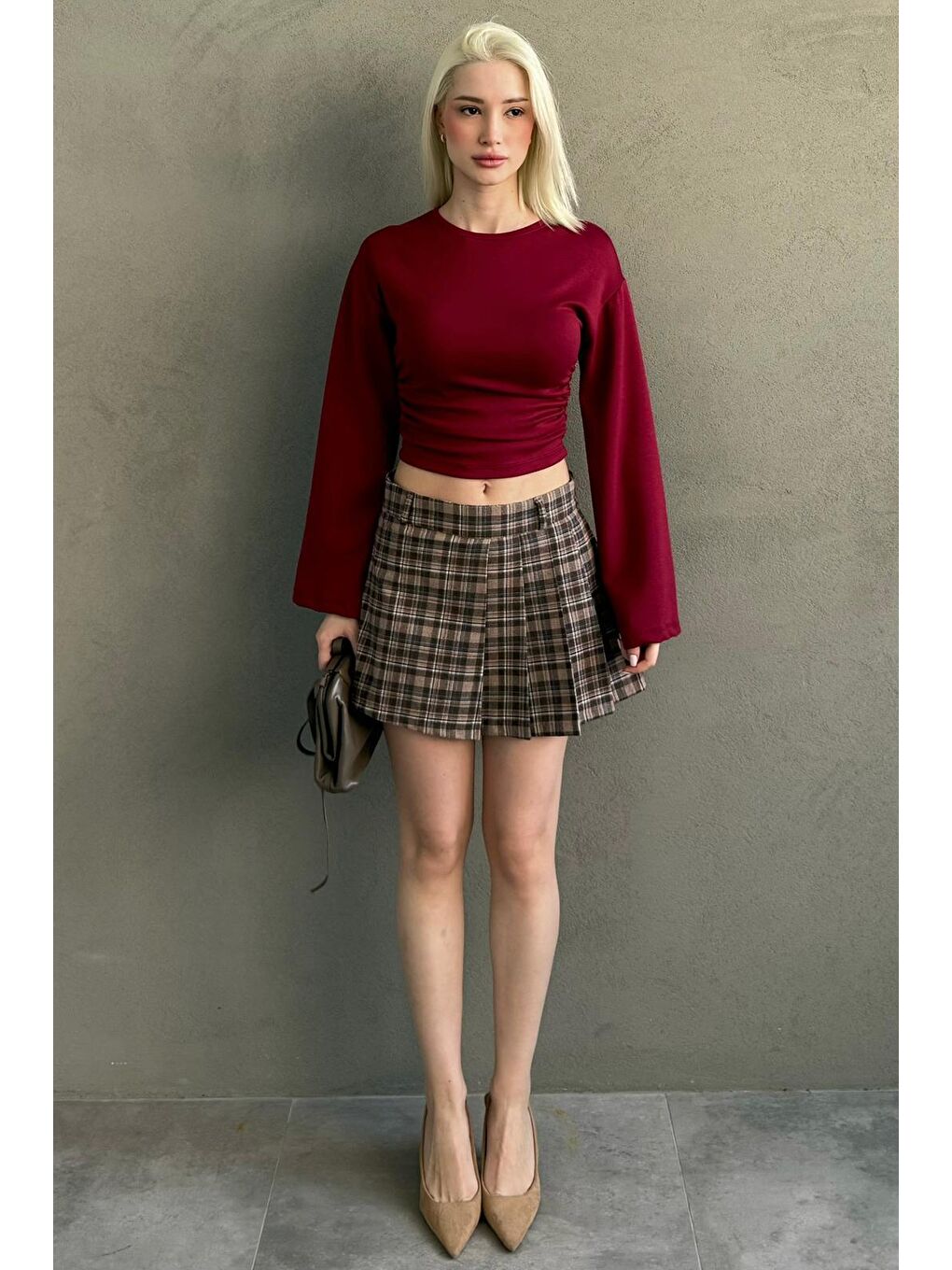 Bej Camel %100 Pamuklu Ekose Desen Pileli Mini Şort Etek Mg2629-2