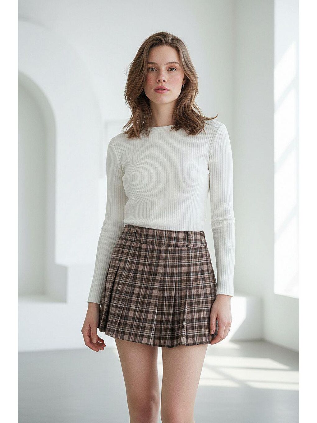 Bej Camel %100 Pamuklu Ekose Desen Pileli Mini Şort Etek Mg2629-3