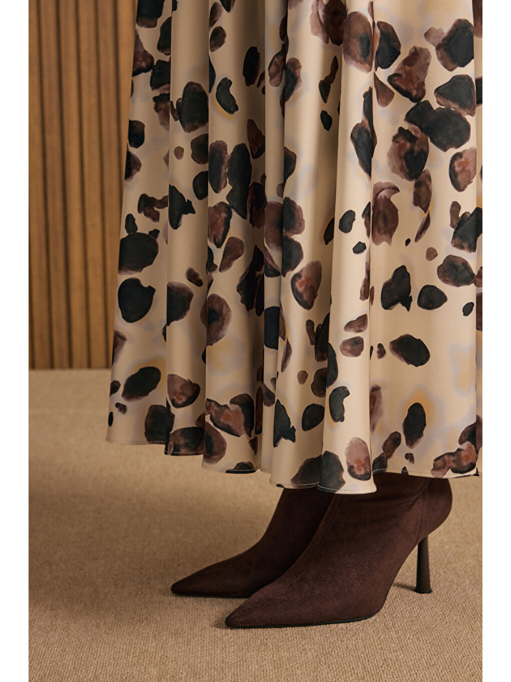 Bej Desenli Kloş Etek-3