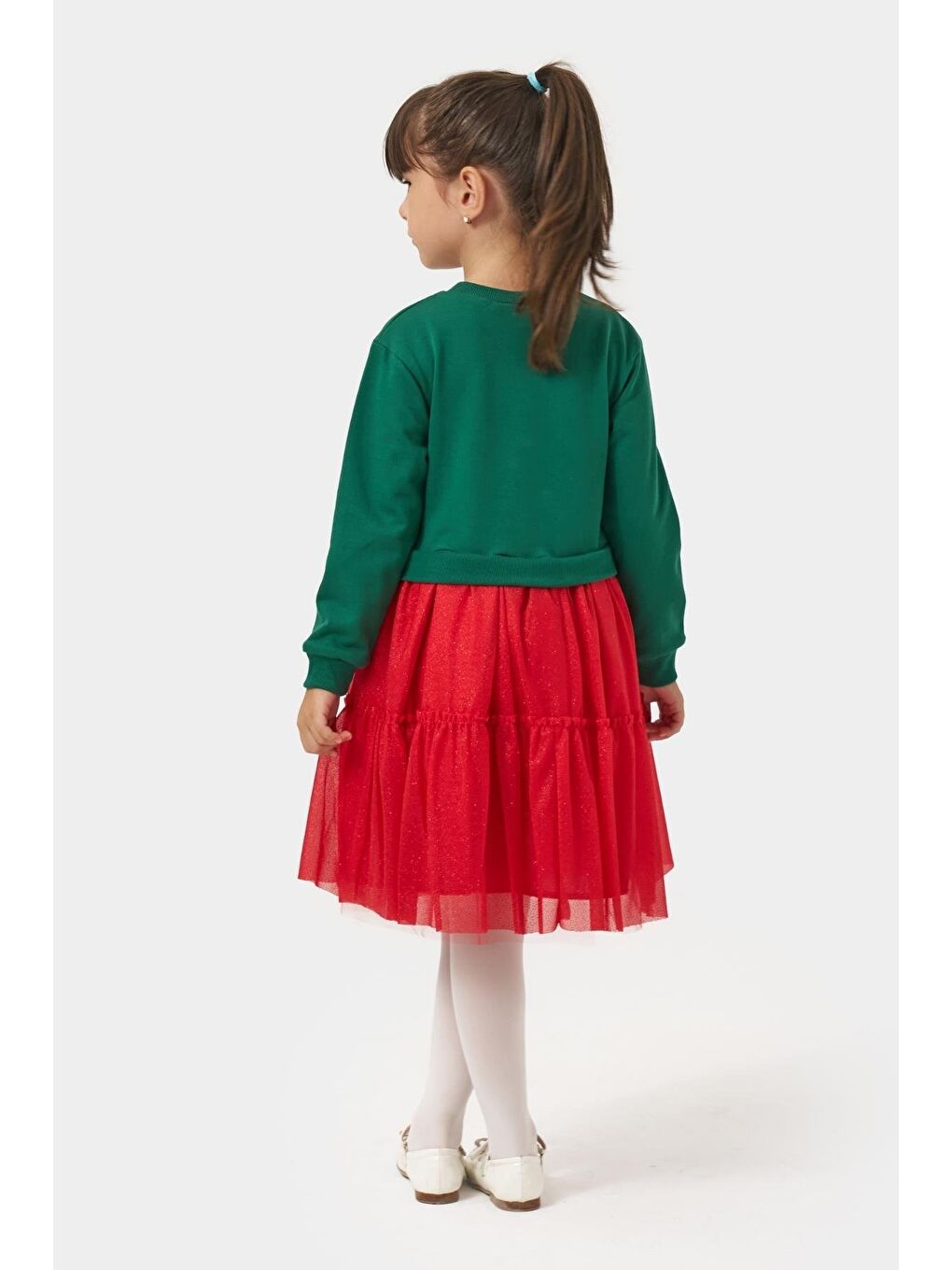 Kız Çocuk Pamuklu Yeşil Geyik Desenli Sweatshirt Ve Kırmızı Tül Etek Takımı - Yılbaşı Konseptli-2