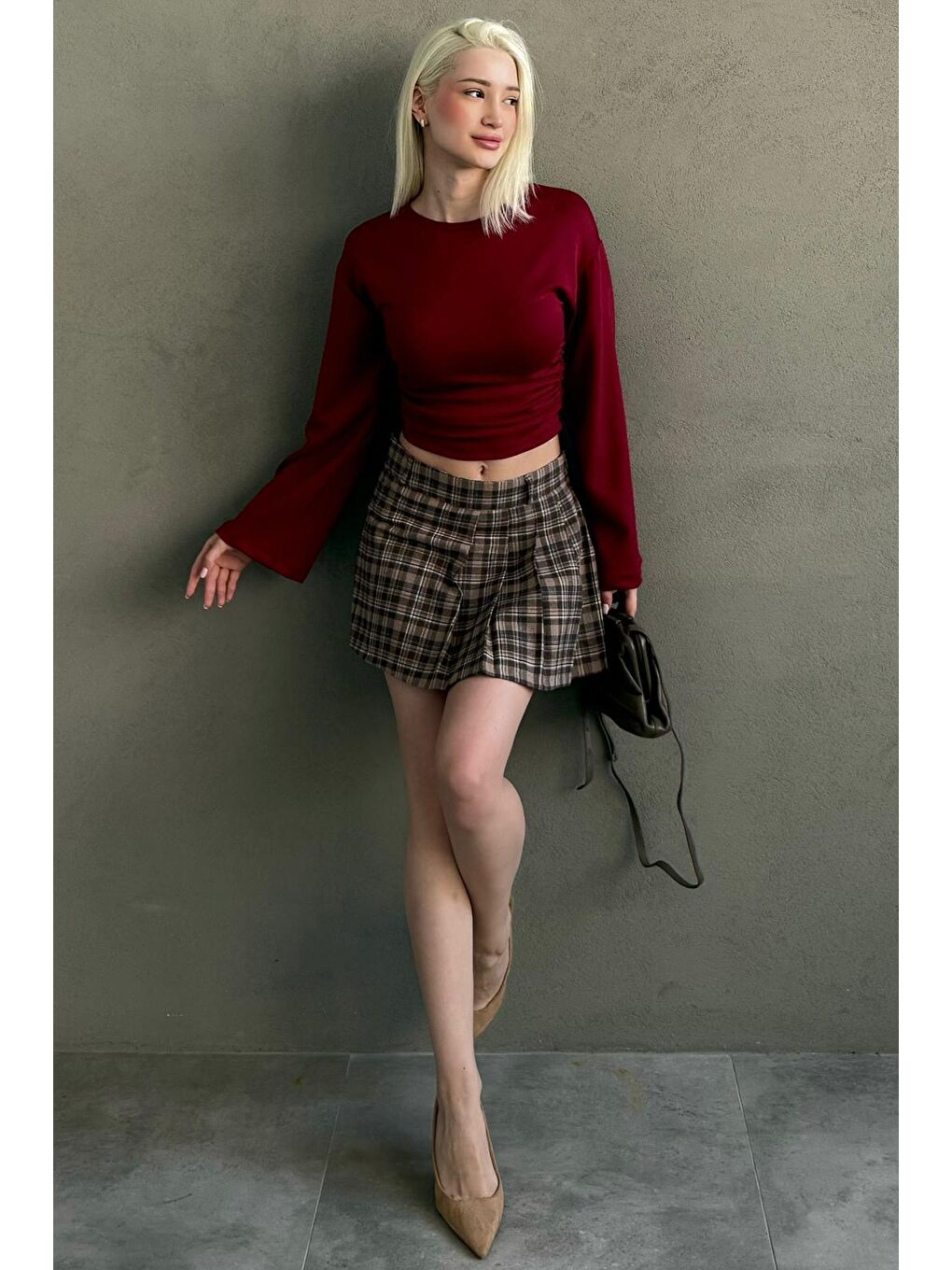 Bej Camel %100 Pamuklu Ekose Desen Pileli Mini Şort Etek Mg2629-4