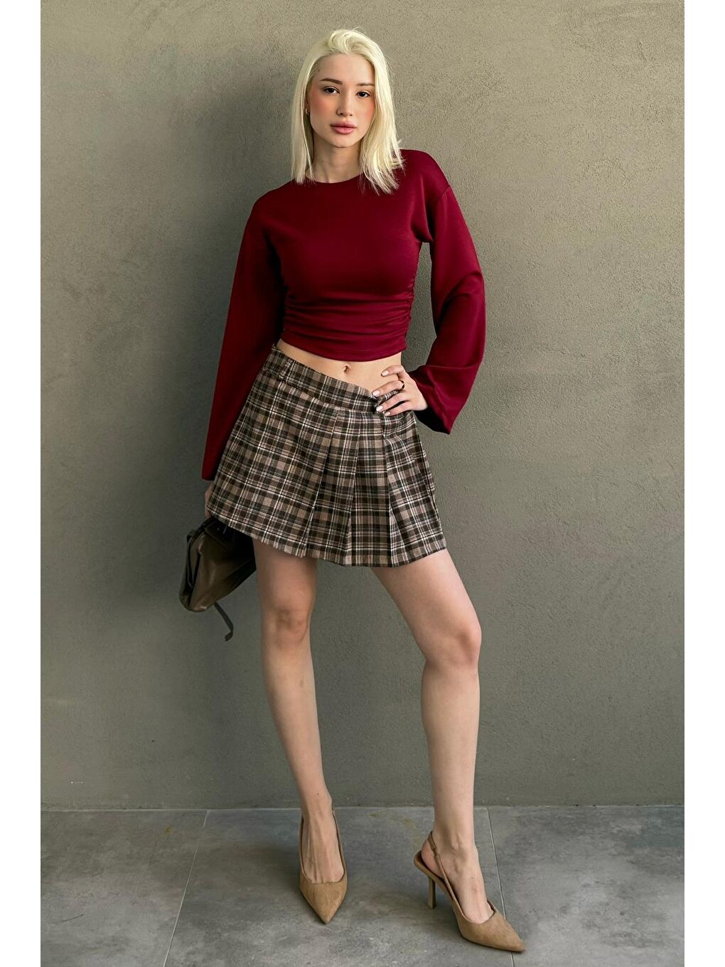 Bej Camel %100 Pamuklu Ekose Desen Pileli Mini Şort Etek Mg2629-5