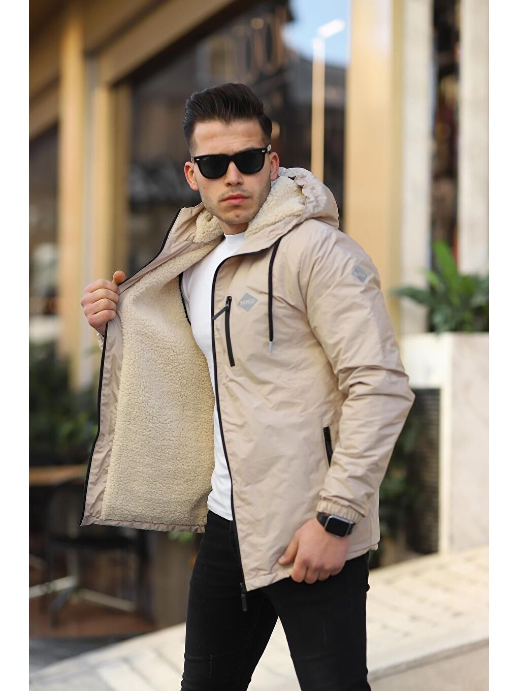 Bej Erkek Içi Kürklü Suya Dayanıklı Kapüşonlu Cepli Yağmurluk-2
