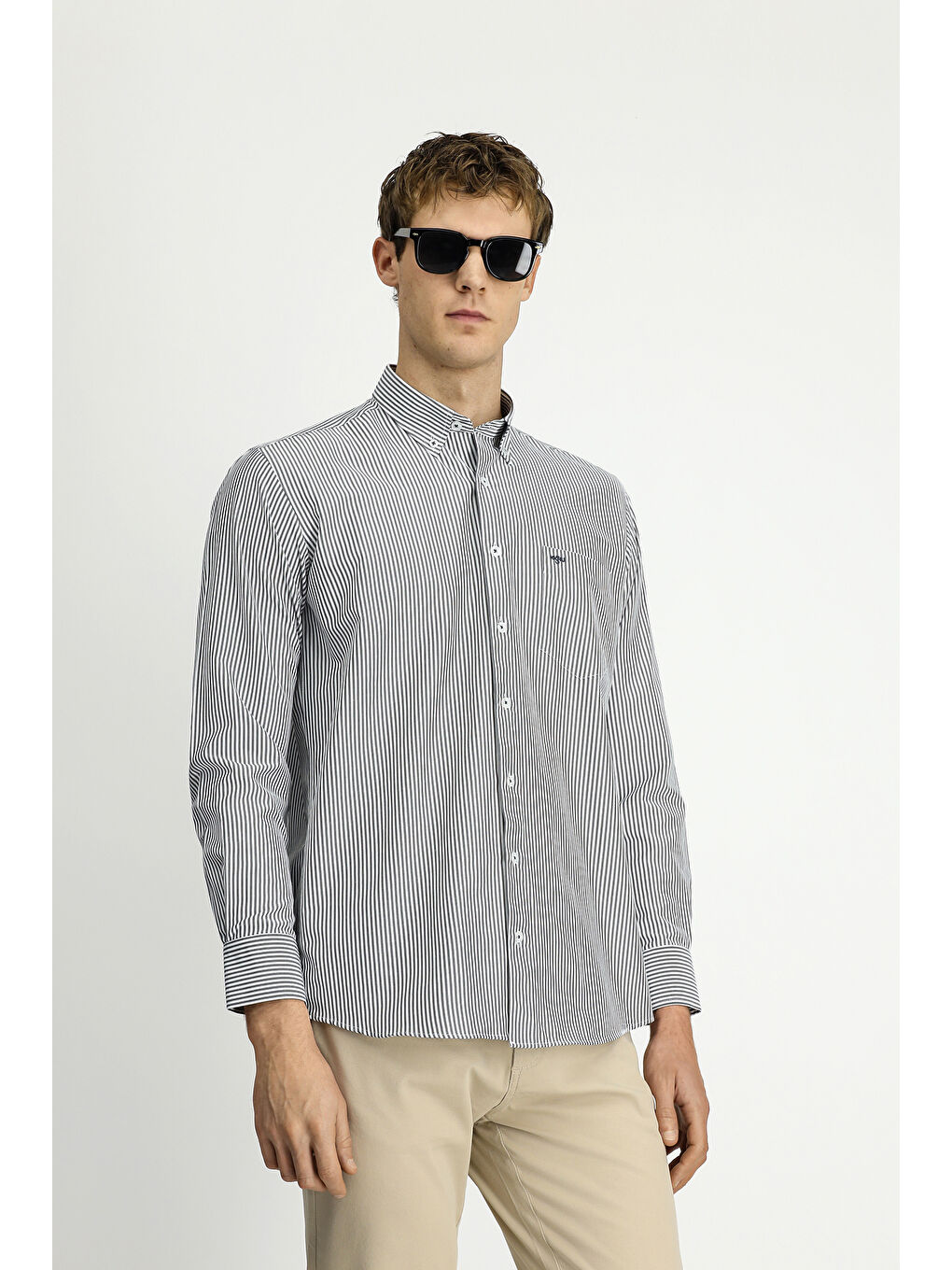 Antrasit Uzun Kol Regular Fit Çizgili Düğmeli Yaka Pamuklu Kolay Ütülenebilir Gömlek-4