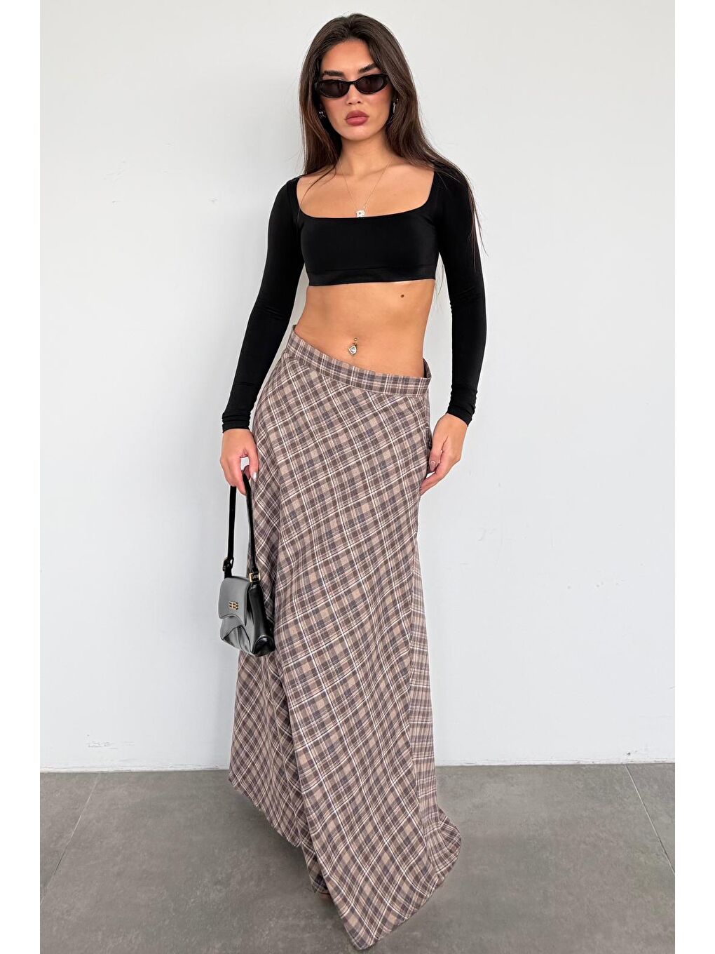 Bej Ekose Desen Uzun Boy Etek Mg2648-1