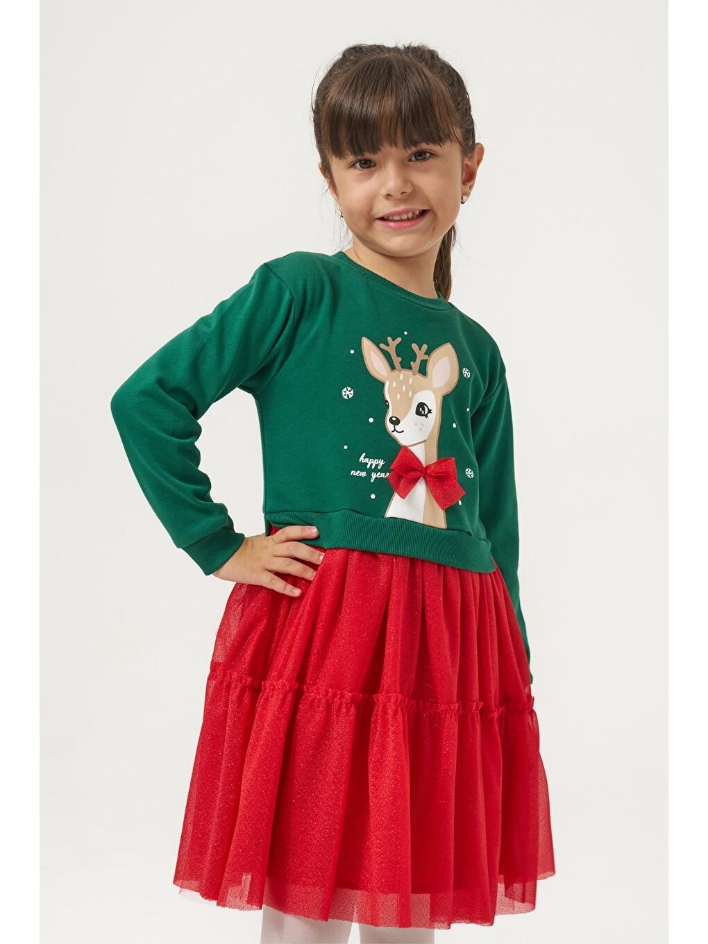 Kız Çocuk Pamuklu Yeşil Geyik Desenli Sweatshirt Ve Kırmızı Tül Etek Takımı - Yılbaşı Konseptli-3