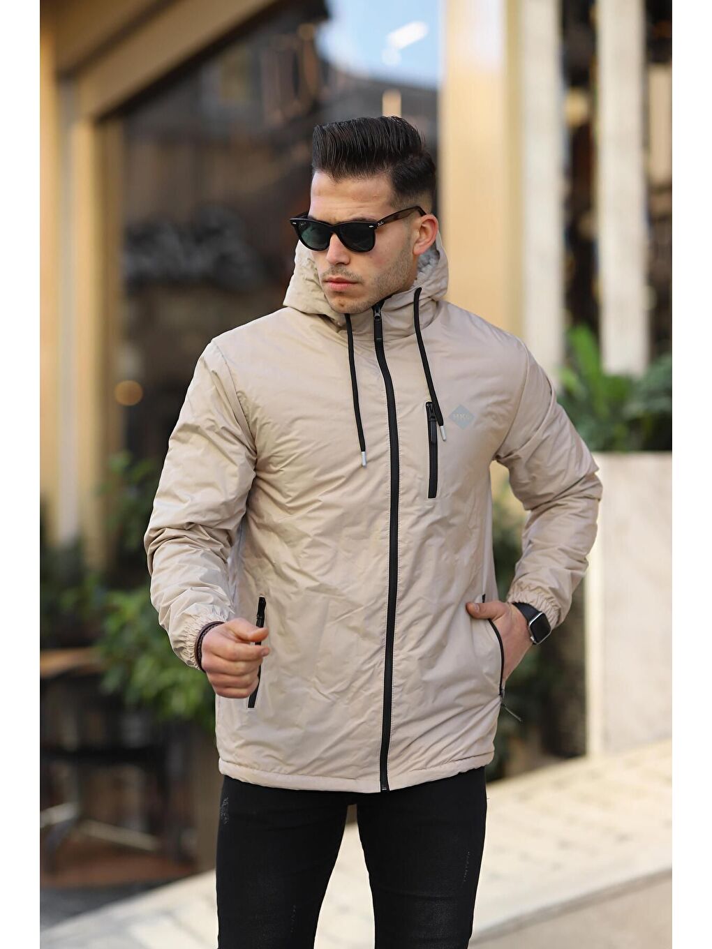 Bej Erkek Içi Kürklü Suya Dayanıklı Kapüşonlu Cepli Yağmurluk-3