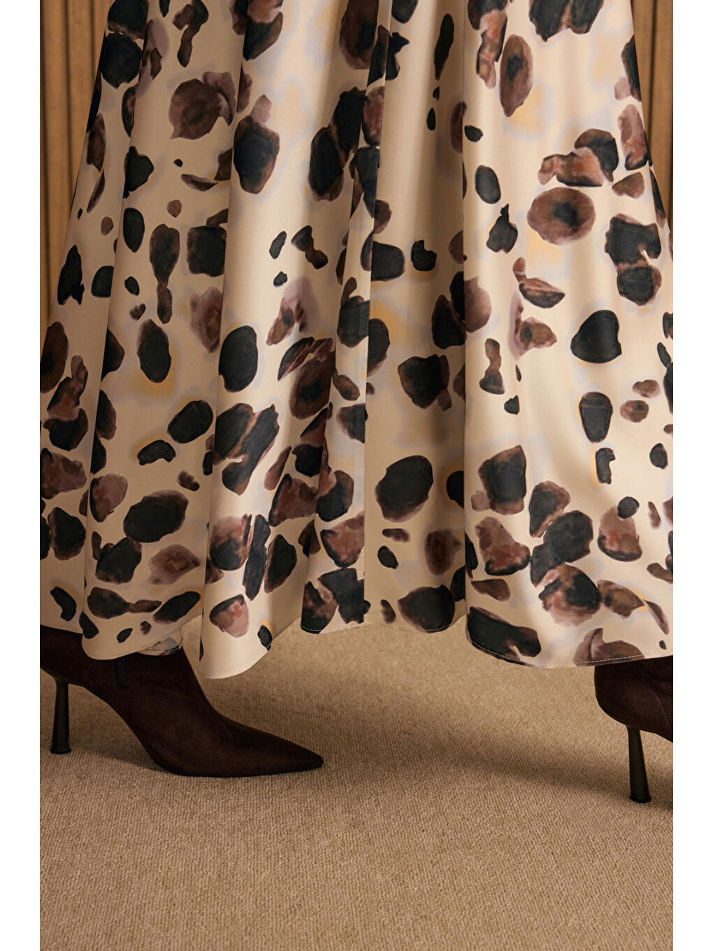 Bej Desenli Kloş Etek-4