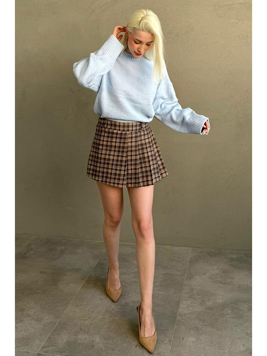 Bej Camel %100 Pamuklu Ekose Desen Pileli Mini Şort Etek Mg2629-6