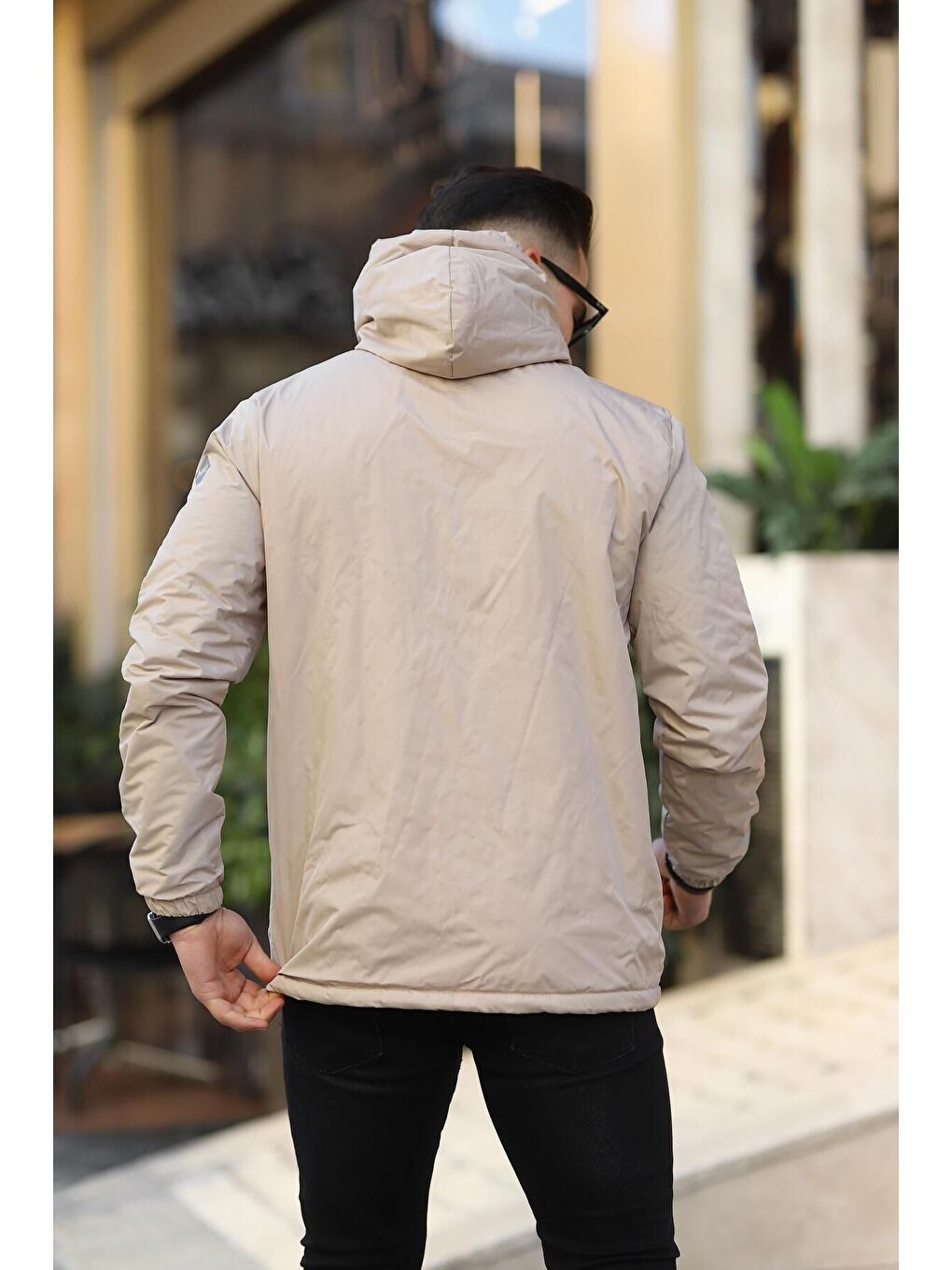 Bej Erkek Içi Kürklü Suya Dayanıklı Kapüşonlu Cepli Yağmurluk-4