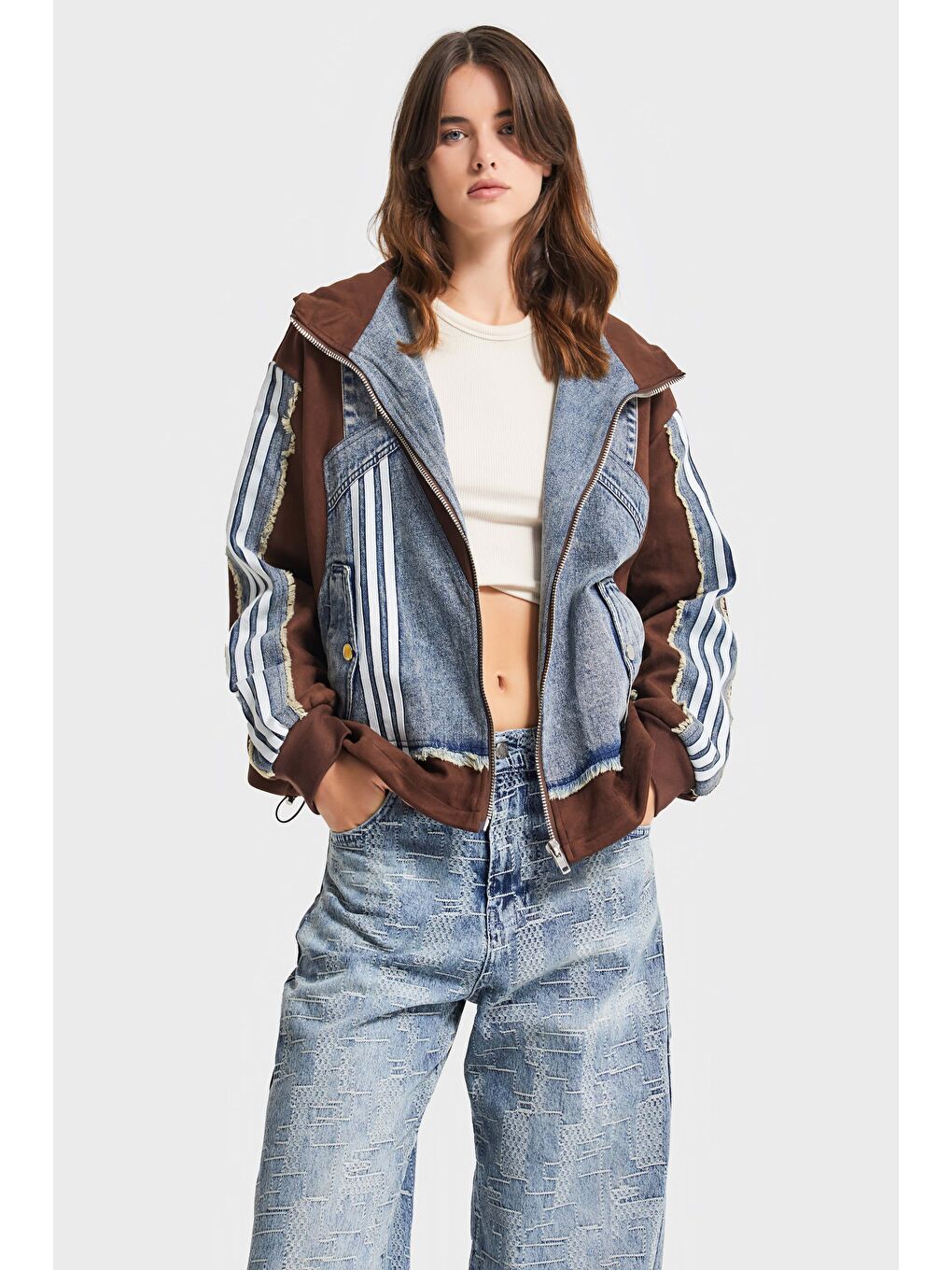 Kahverengi Kadın Kahve Jean Rengi Çift Parça Şerit Detaylı Özel Tasarım Denim Ceket-1