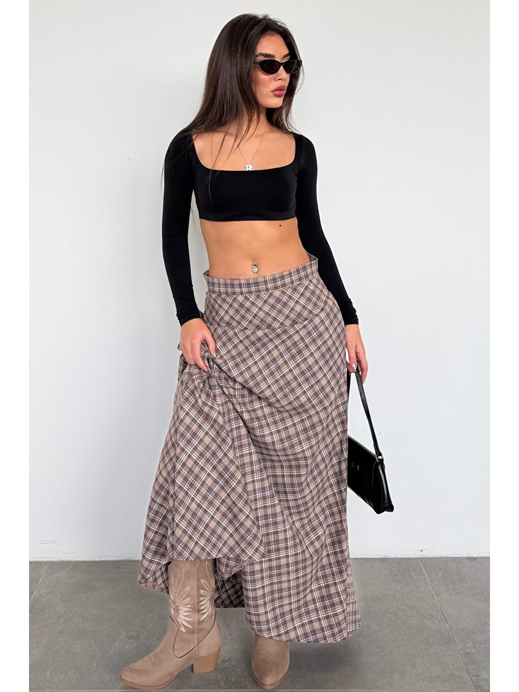 Bej Ekose Desen Uzun Boy Etek Mg2648-3