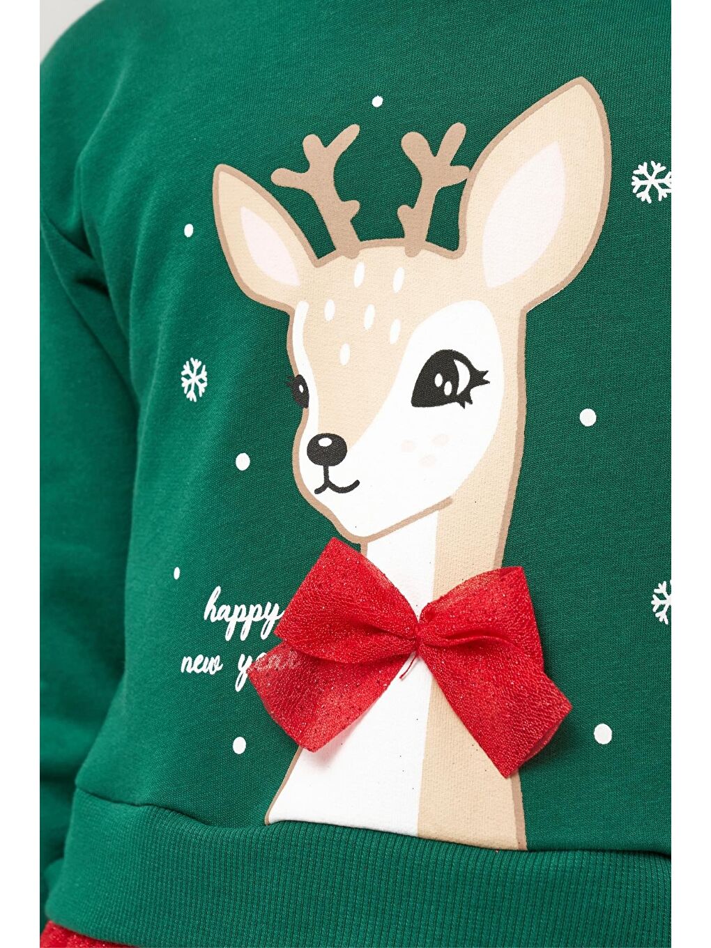 Kız Çocuk Pamuklu Yeşil Geyik Desenli Sweatshirt Ve Kırmızı Tül Etek Takımı - Yılbaşı Konseptli-4