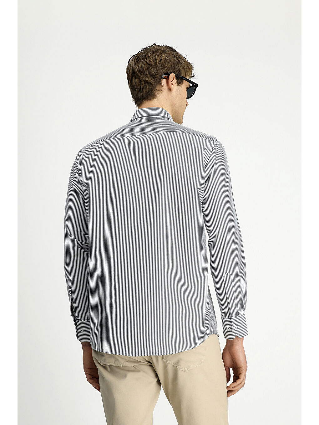 Antrasit Uzun Kol Regular Fit Çizgili Düğmeli Yaka Pamuklu Kolay Ütülenebilir Gömlek-5