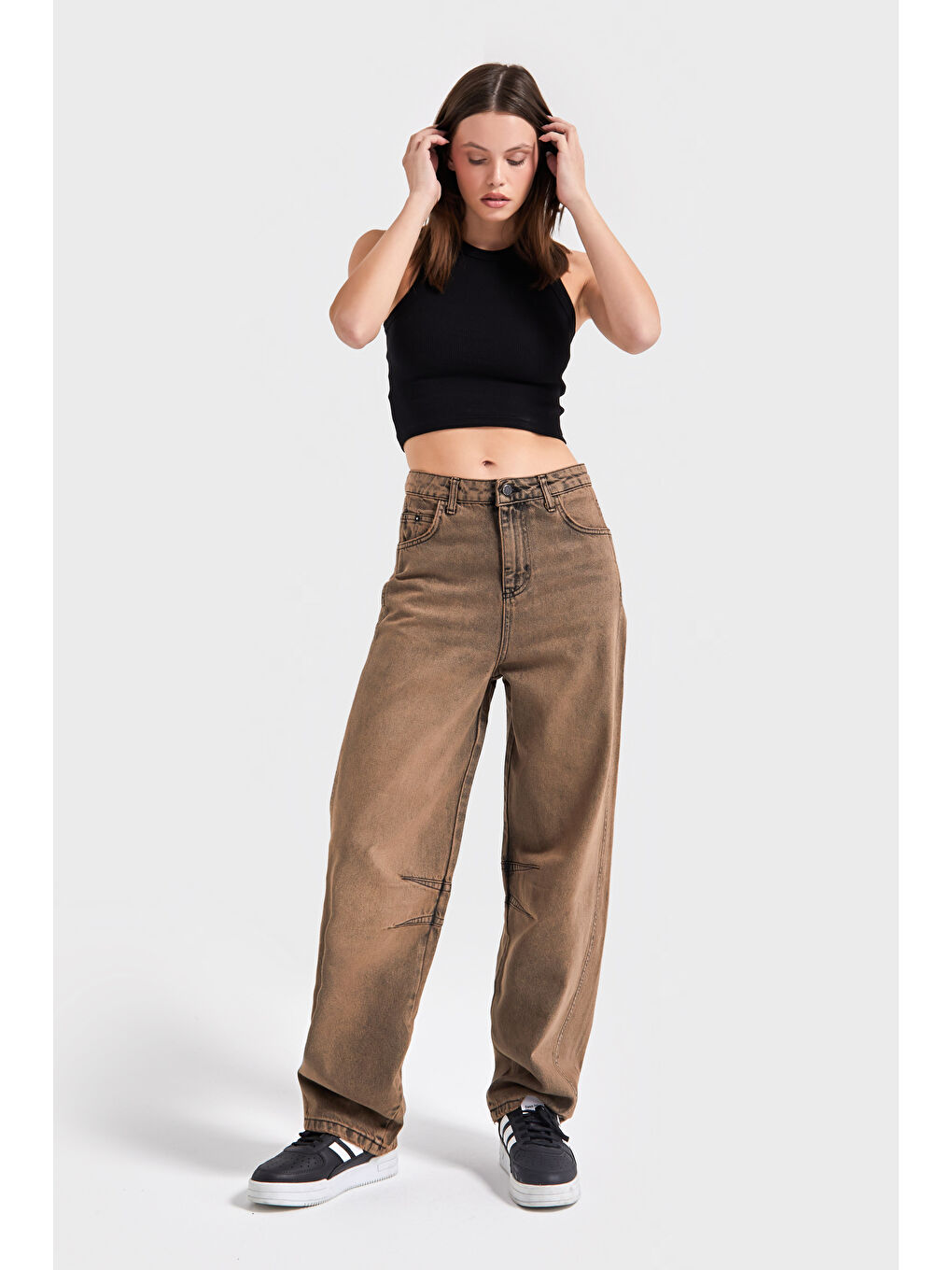 Kahverengi Kadın Taşlanmış Kahve Renk 4w5-88 Baggy Fit Bol Kesim Denim Jean-3