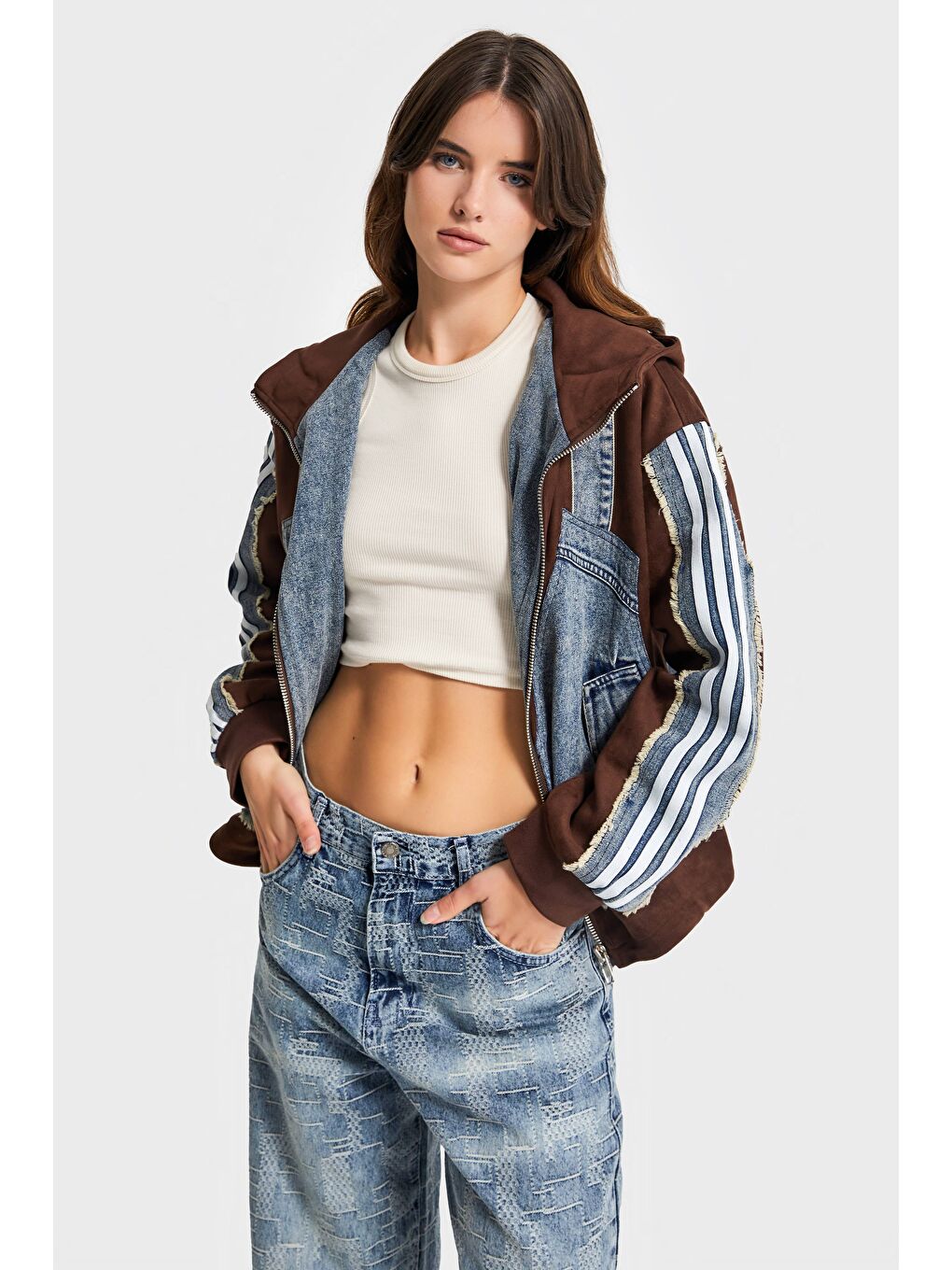 Kahverengi Kadın Kahve Jean Rengi Çift Parça Şerit Detaylı Özel Tasarım Denim Ceket-2