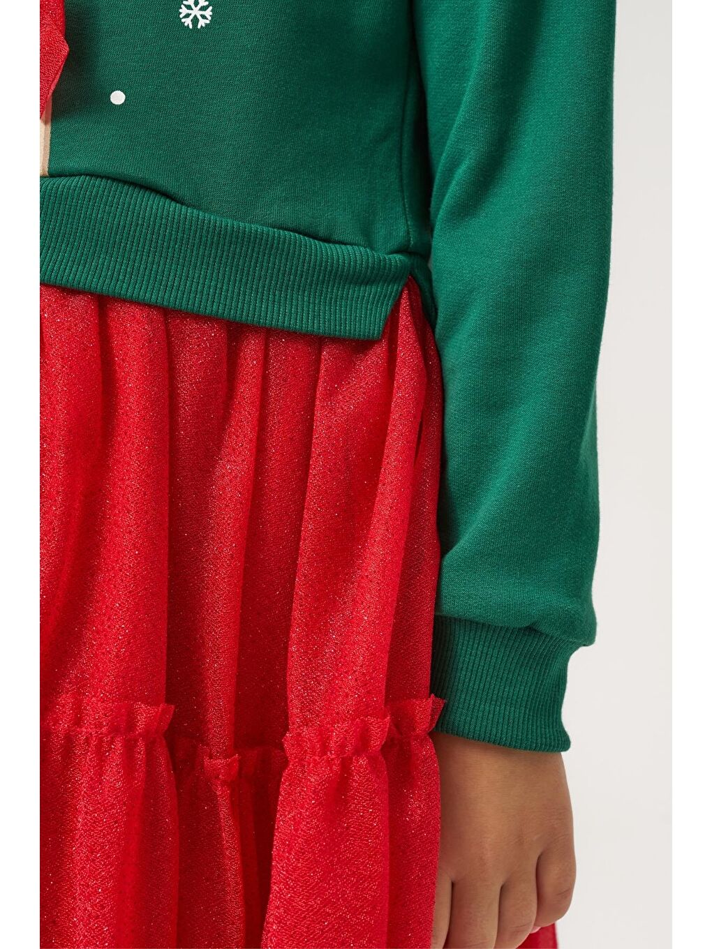 Kız Çocuk Pamuklu Yeşil Geyik Desenli Sweatshirt Ve Kırmızı Tül Etek Takımı - Yılbaşı Konseptli-5