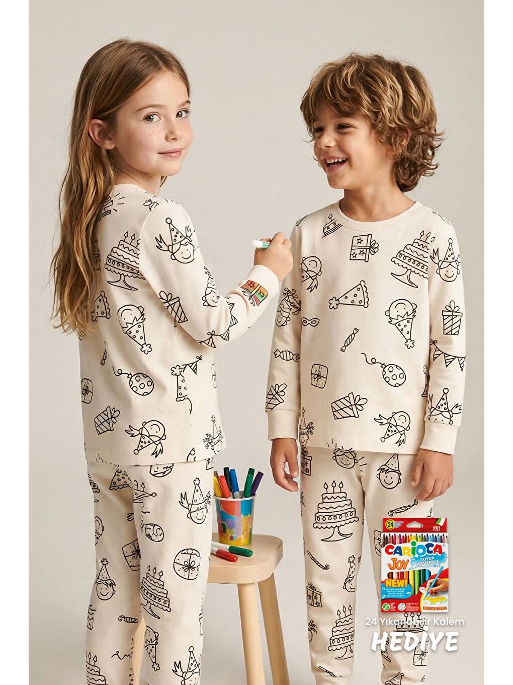Ekru Boyanabilir Doğum Günü Temalı Çocuk Pijama Takımı – Yıkanabilir 24-Lü Kalem Hediyeli-1