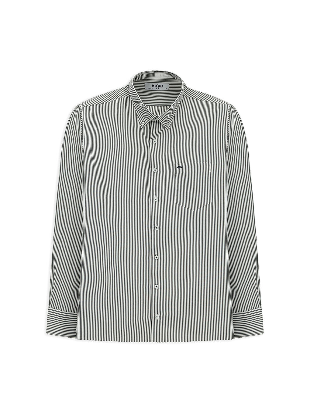 Antrasit Uzun Kol Regular Fit Çizgili Düğmeli Yaka Pamuklu Kolay Ütülenebilir Gömlek-6