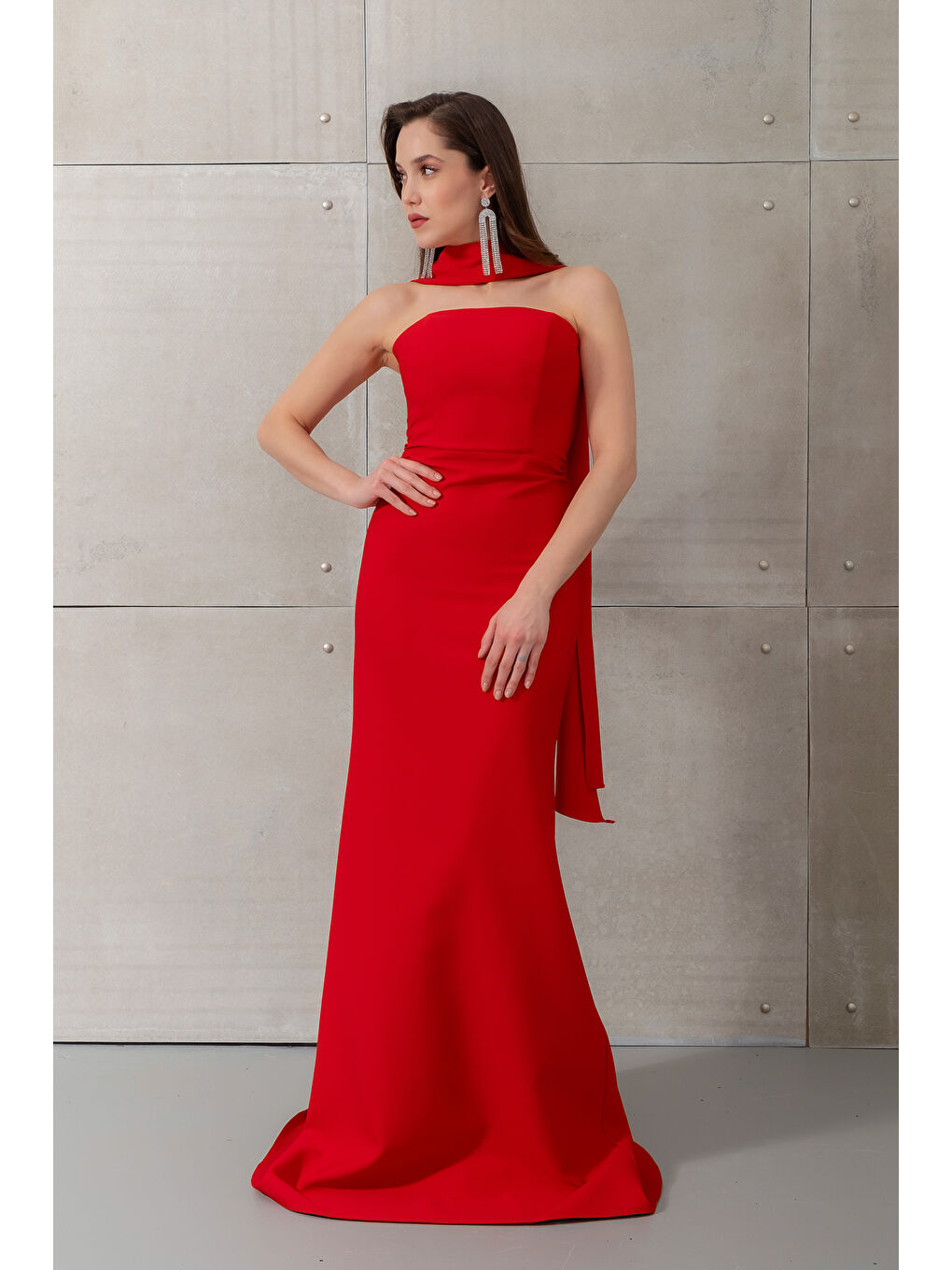 Kadın Kırmızı Dar Kalıp Şal Yaka Detay Uzun Abiye Elbise