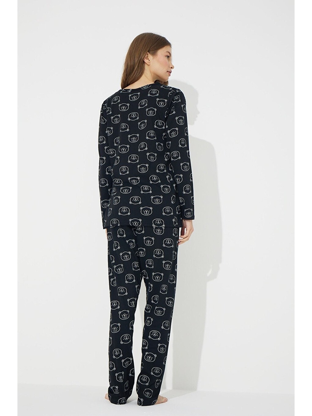 Siyah Ayıcık Desenli Pamuklu Pijama Takımı-2